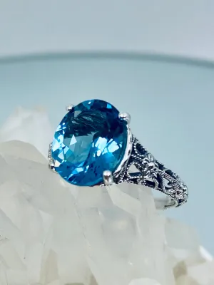 Natural London Blue Topaz Ring, Medieval Floral Filigree, Oval Gem, Vintage Jewelry, D173