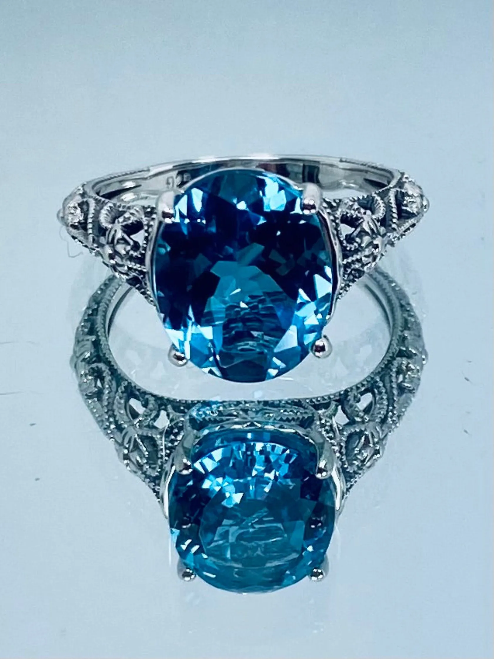 Natural London Blue Topaz Ring, Medieval Floral Filigree, Oval Gem, Vintage Jewelry, D173