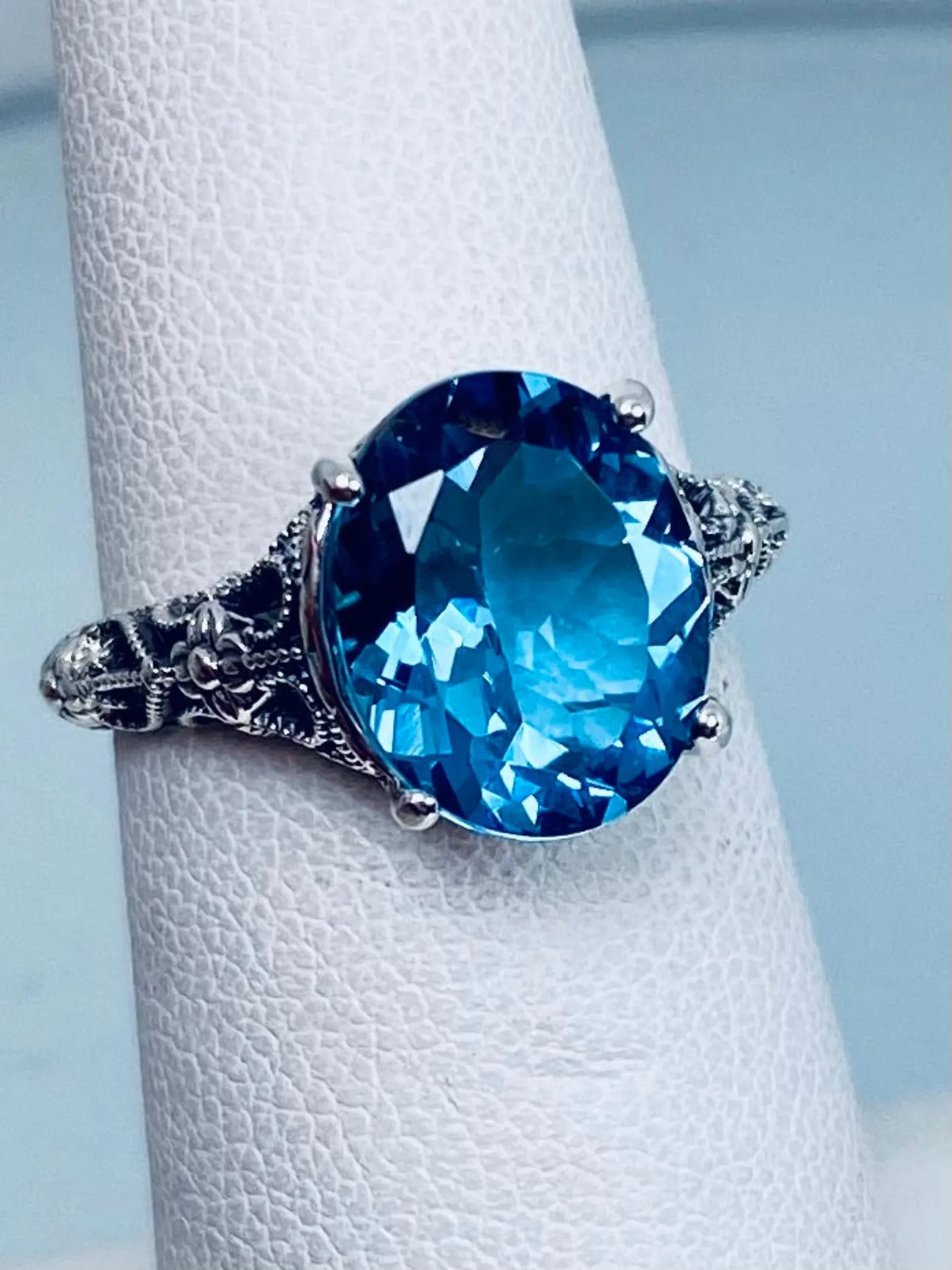 Natural London Blue Topaz Ring, Medieval Floral Filigree, Oval Gem, Vintage Jewelry, D173