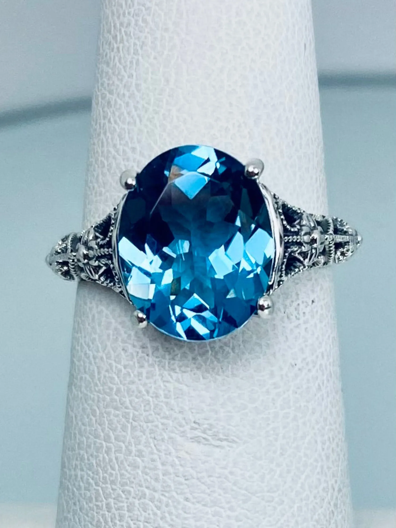 Natural London Blue Topaz Ring, Medieval Floral Filigree, Oval Gem, Vintage Jewelry, D173