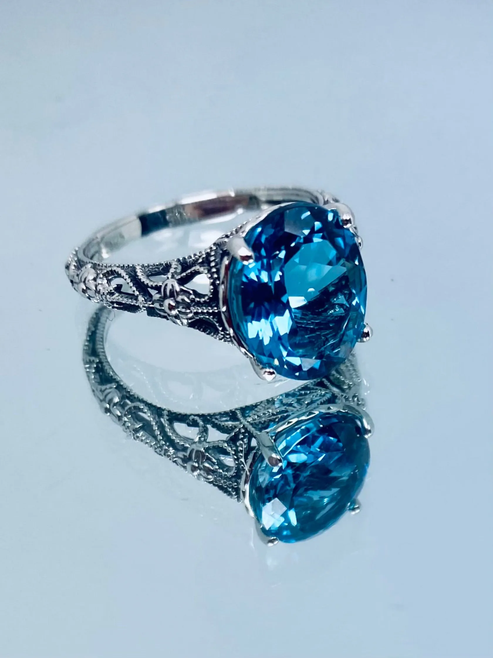 Natural London Blue Topaz Ring, Medieval Floral Filigree, Oval Gem, Vintage Jewelry, D173