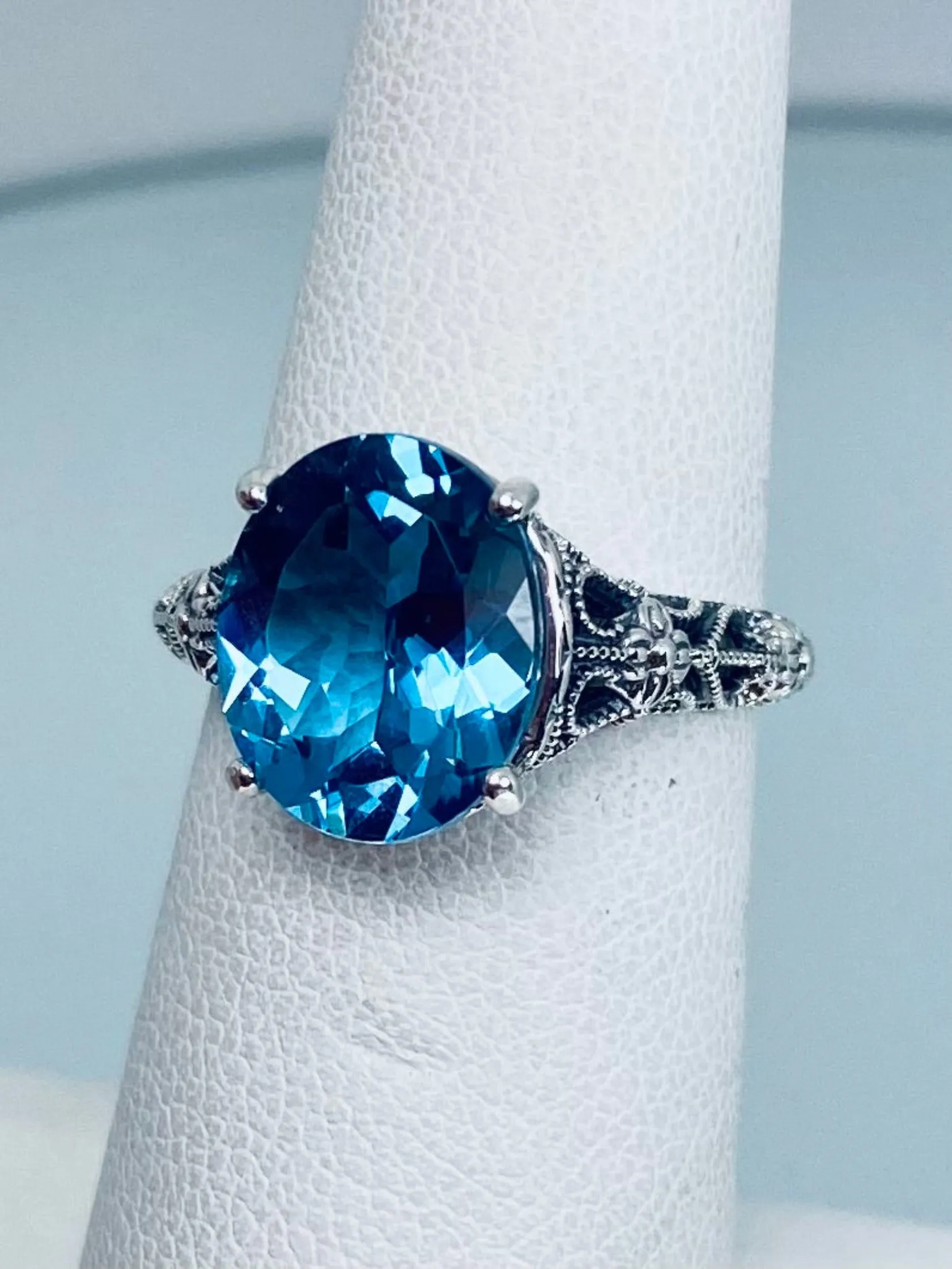 Natural London Blue Topaz Ring, Medieval Floral Filigree, Oval Gem, Vintage Jewelry, D173