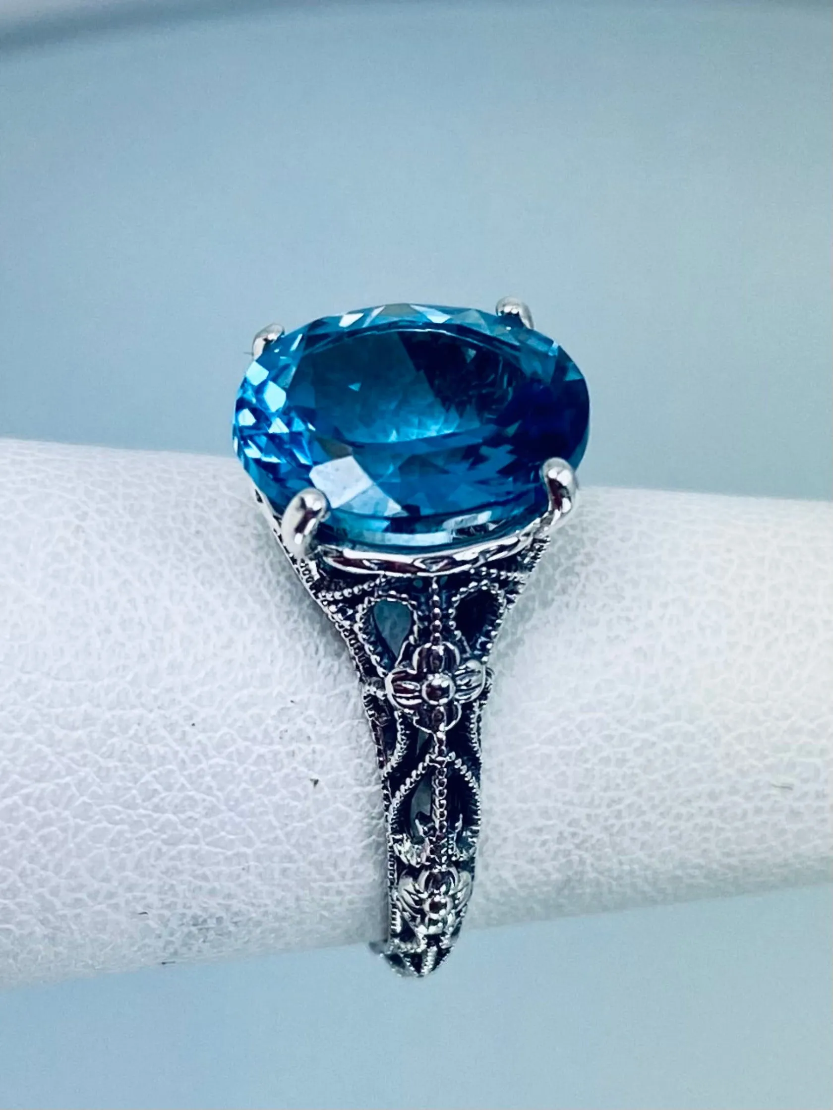 Natural London Blue Topaz Ring, Medieval Floral Filigree, Oval Gem, Vintage Jewelry, D173