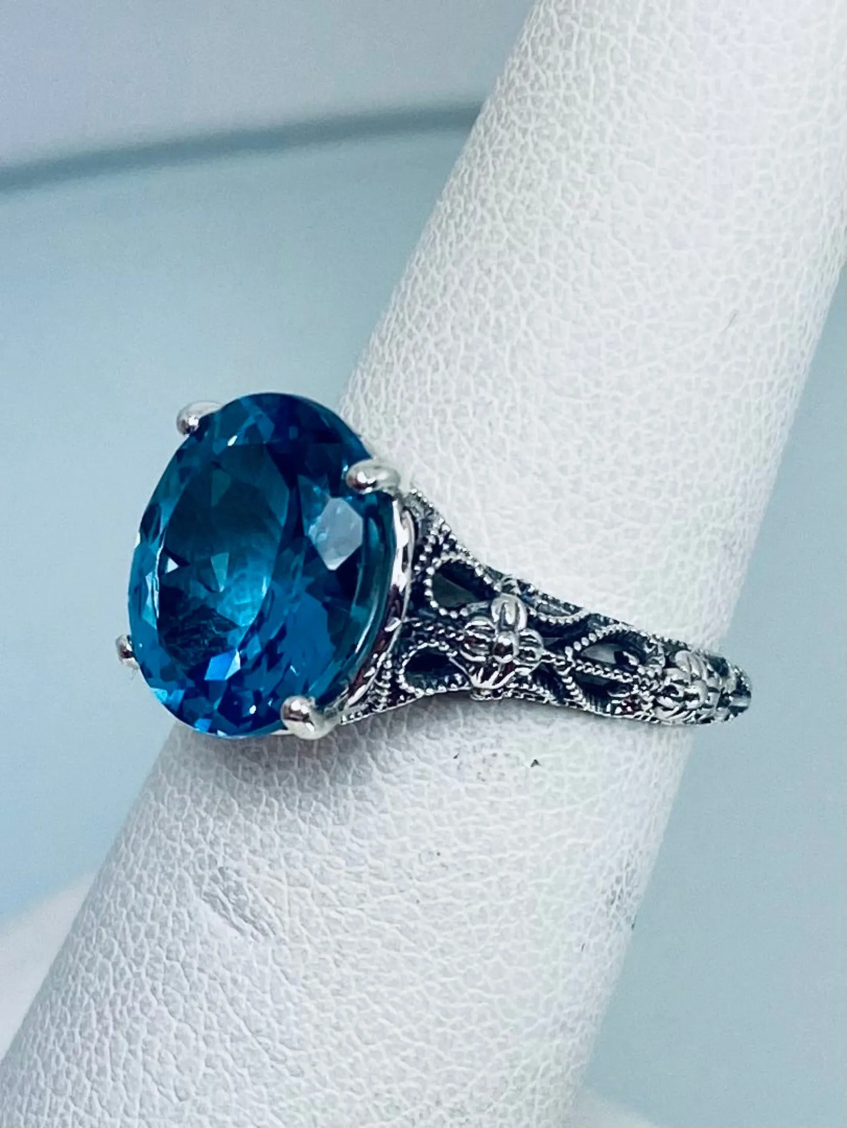 Natural London Blue Topaz Ring, Medieval Floral Filigree, Oval Gem, Vintage Jewelry, D173