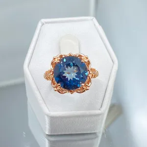 Natural London Blue Topaz Ring, Rose Gold plated Victorian Filigree #D103