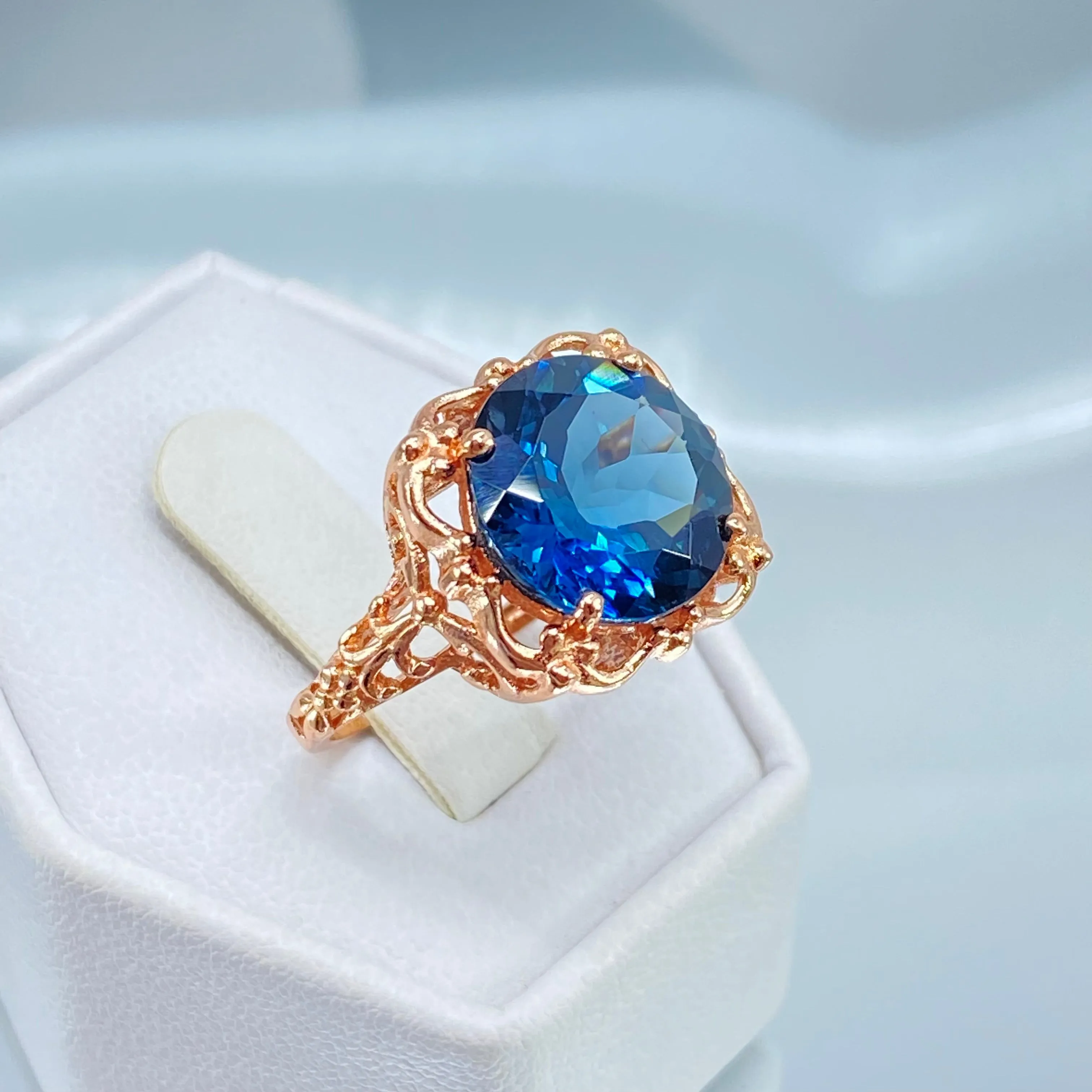 Natural London Blue Topaz Ring, Size 6.5, Rose Gold plated Victorian Filigree #D103 - Ready to Ship
