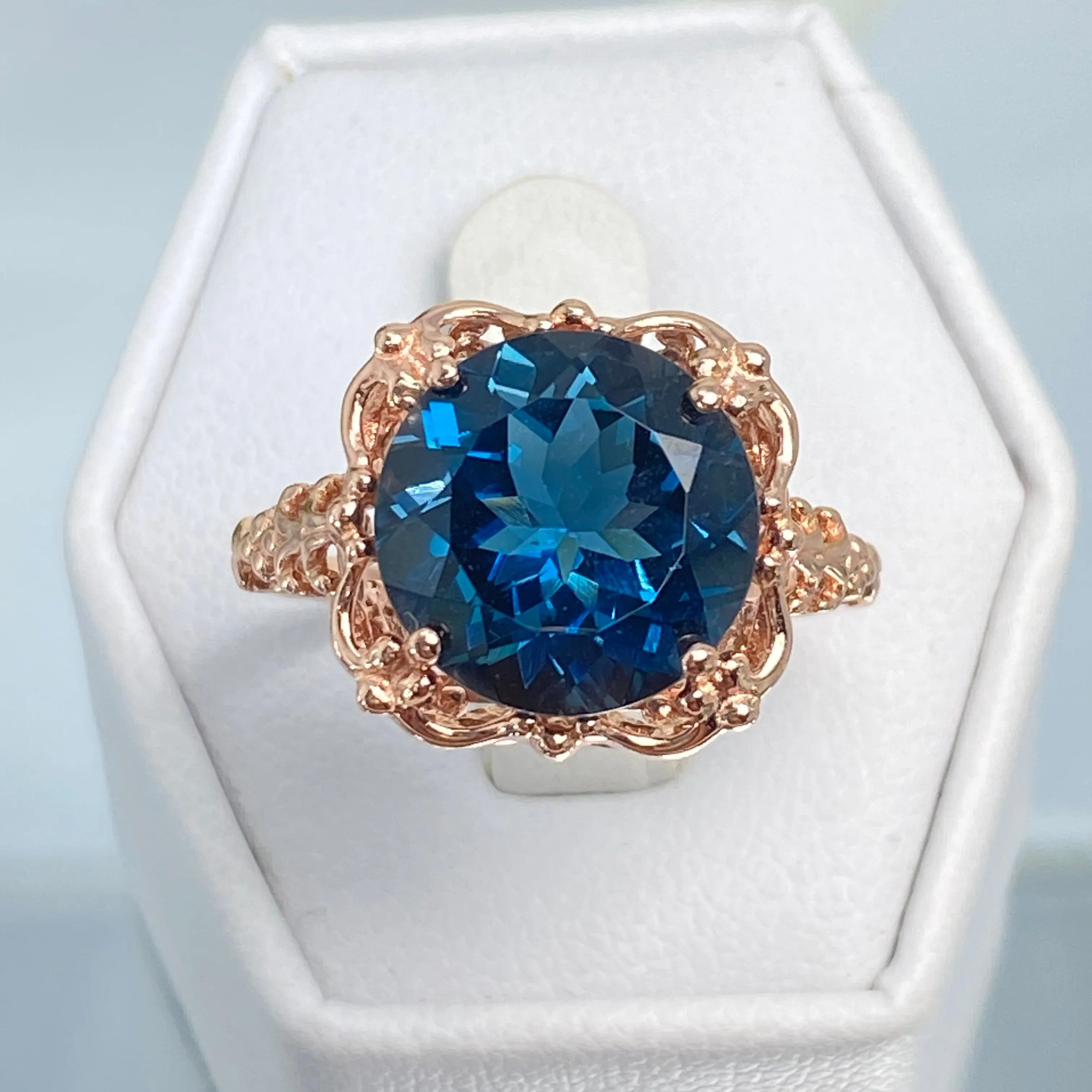 Natural London Blue Topaz Ring, Size 6.5, Rose Gold plated Victorian Filigree #D103 - Ready to Ship