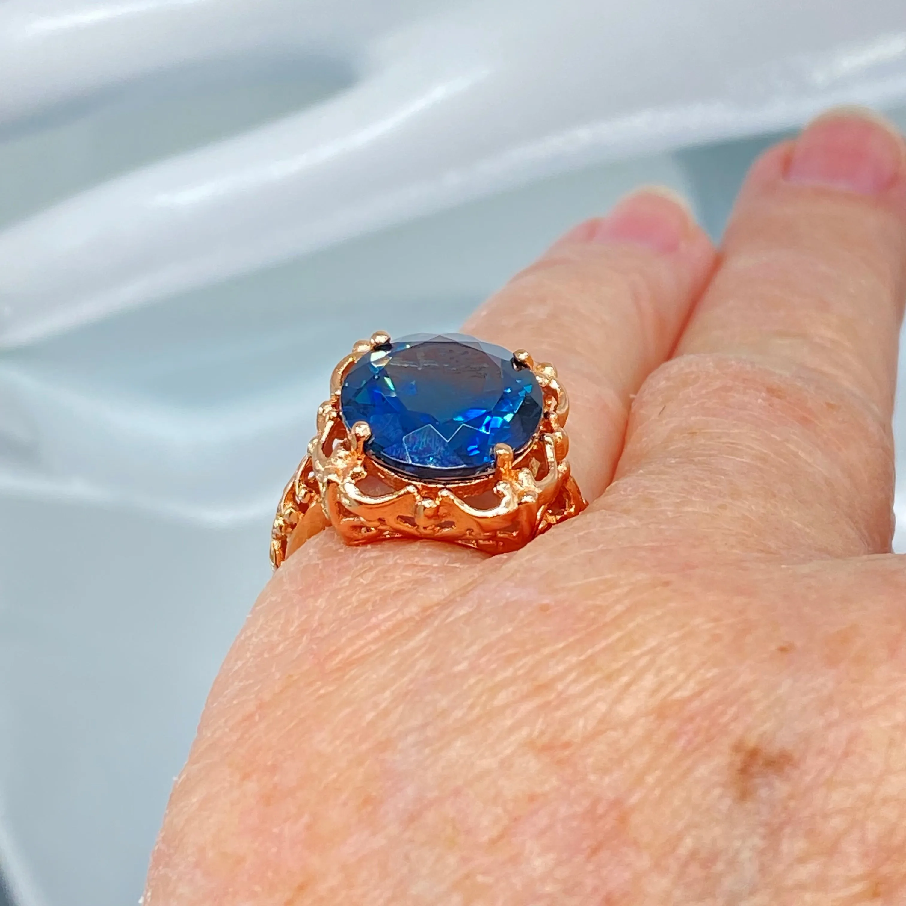 Natural London Blue Topaz Ring, Size 6.5, Rose Gold plated Victorian Filigree #D103 - Ready to Ship