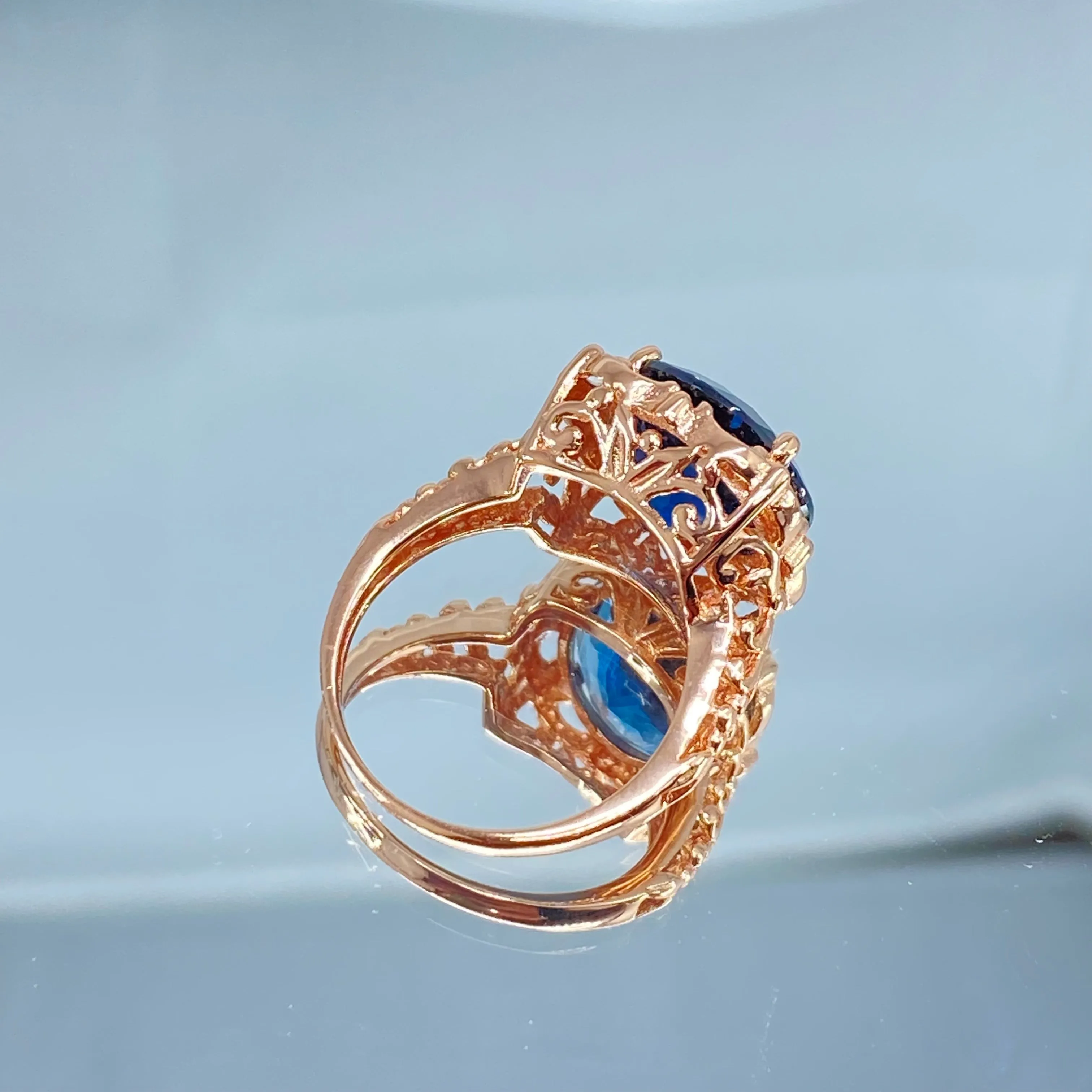 Natural London Blue Topaz Ring, Size 6.5, Rose Gold plated Victorian Filigree #D103 - Ready to Ship