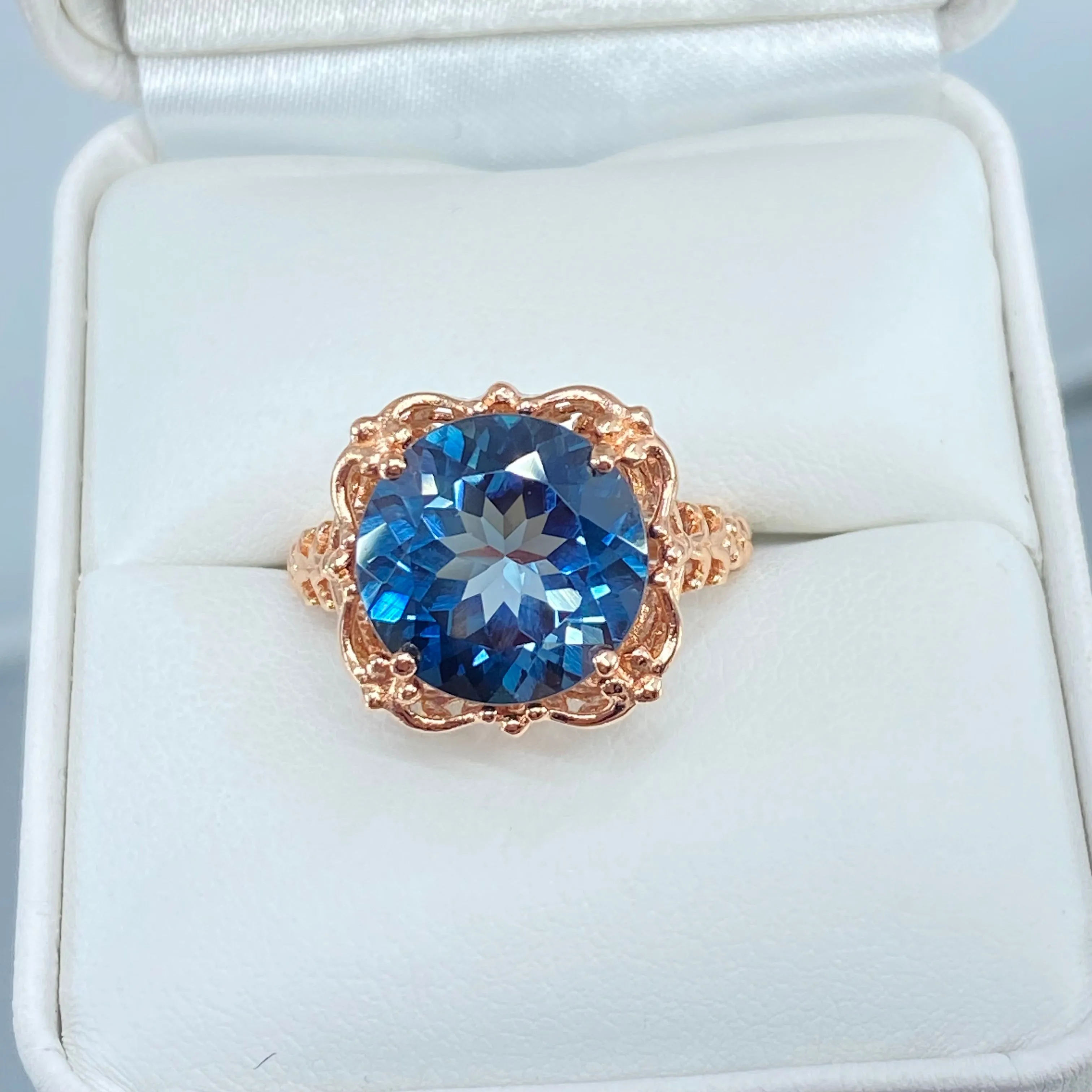 Natural London Blue Topaz Ring, Size 6.5, Rose Gold plated Victorian Filigree #D103 - Ready to Ship