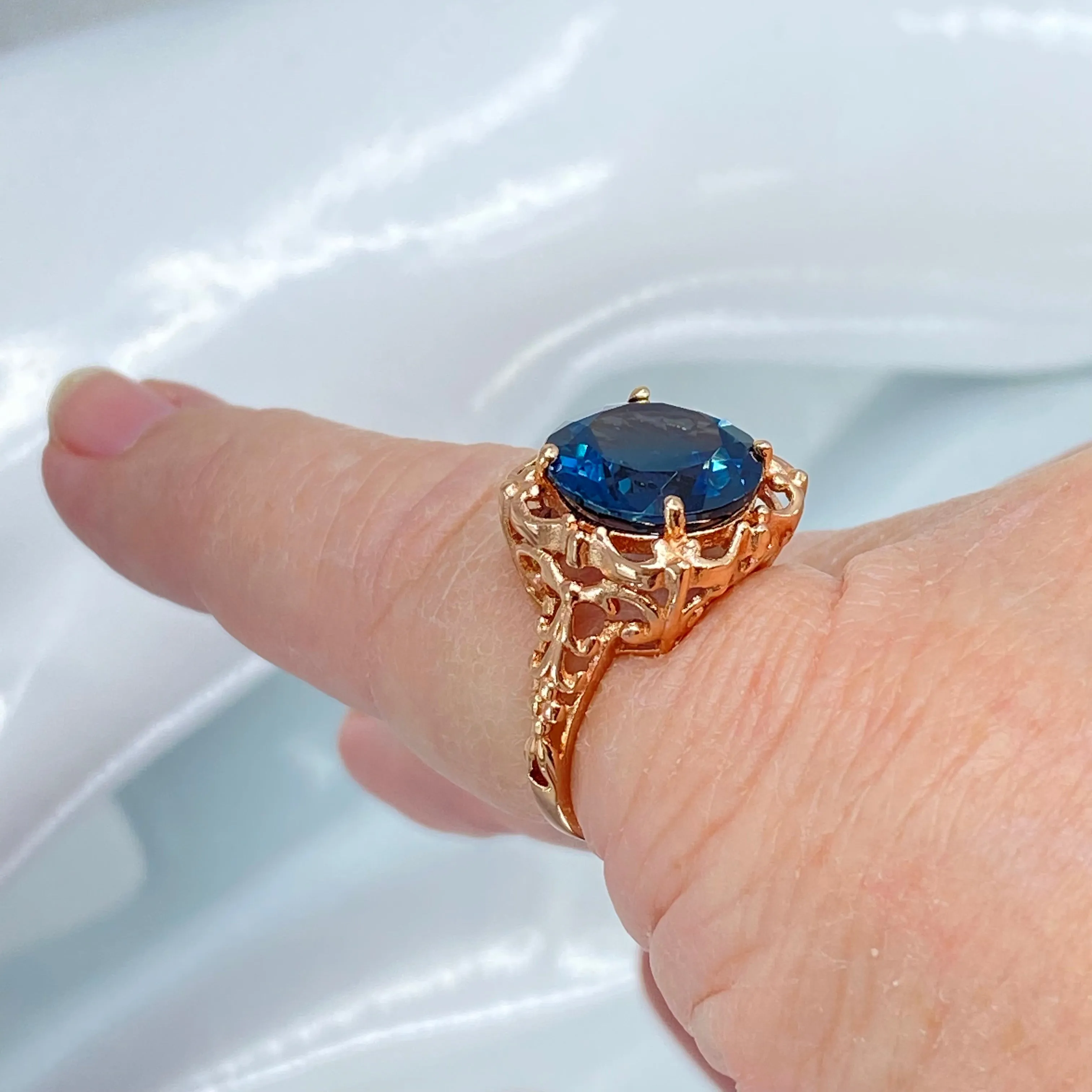 Natural London Blue Topaz Ring, Size 6.5, Rose Gold plated Victorian Filigree #D103 - Ready to Ship