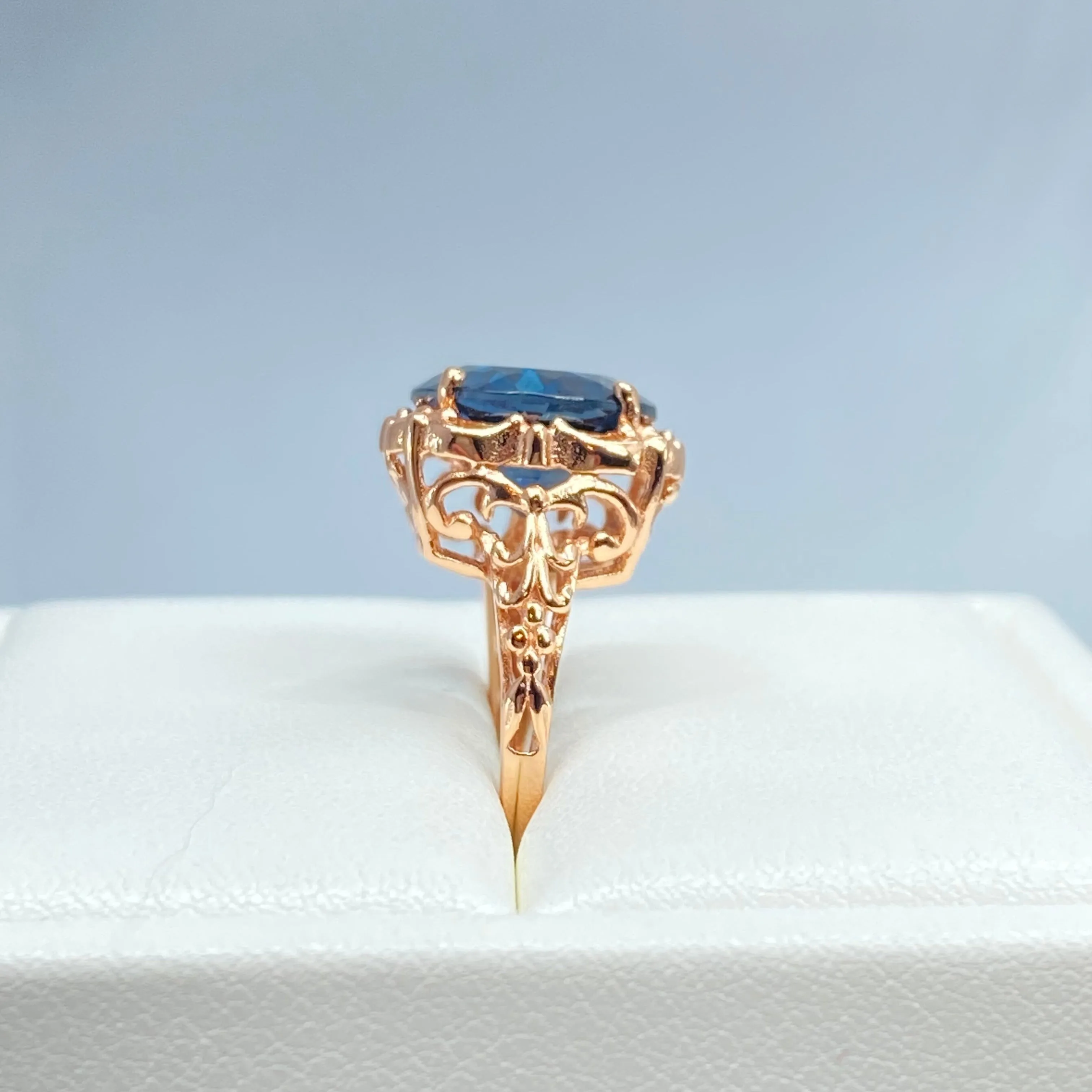 Natural London Blue Topaz Ring, Size 6.5, Rose Gold plated Victorian Filigree #D103 - Ready to Ship