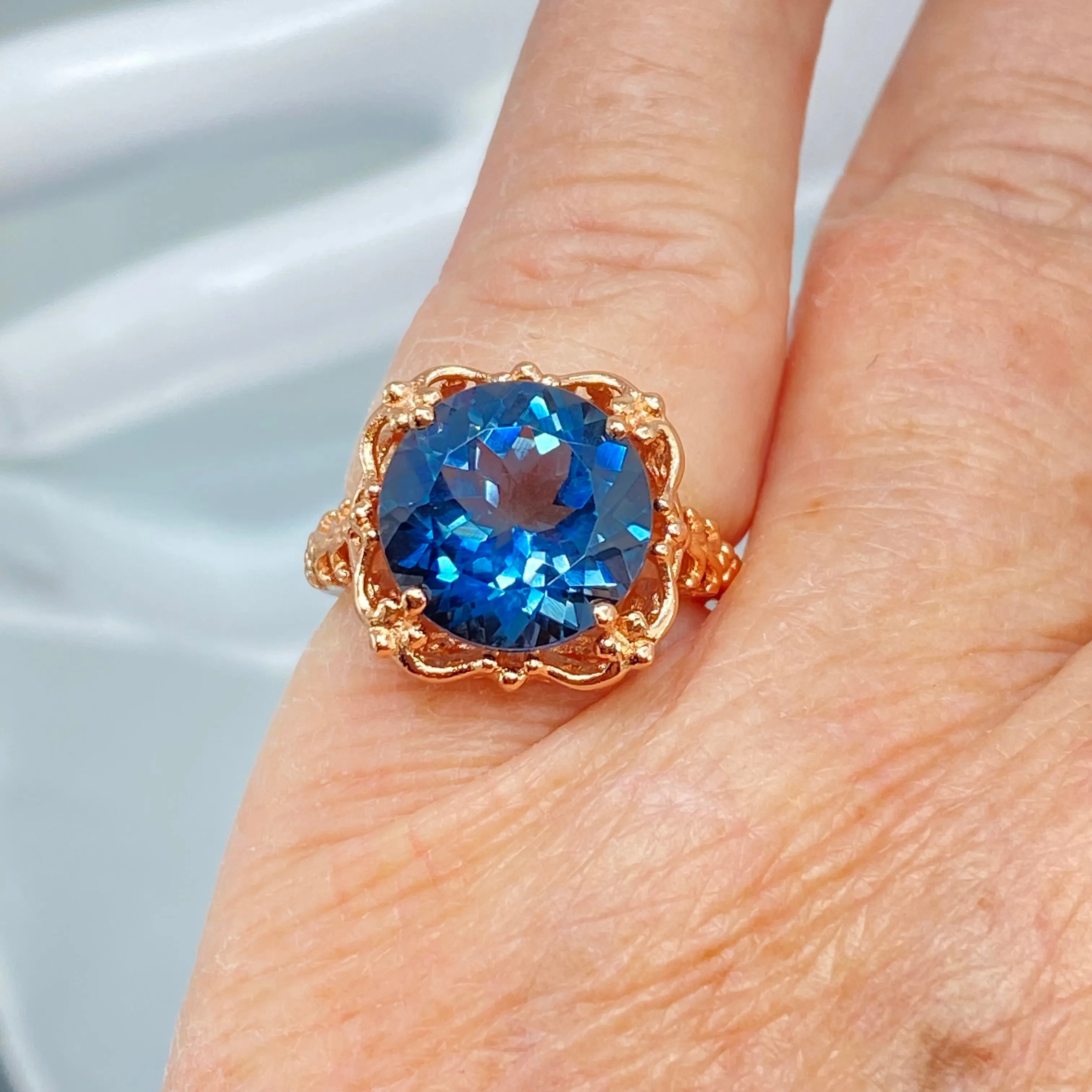 Natural London Blue Topaz Ring, Size 6.5, Rose Gold plated Victorian Filigree #D103 - Ready to Ship