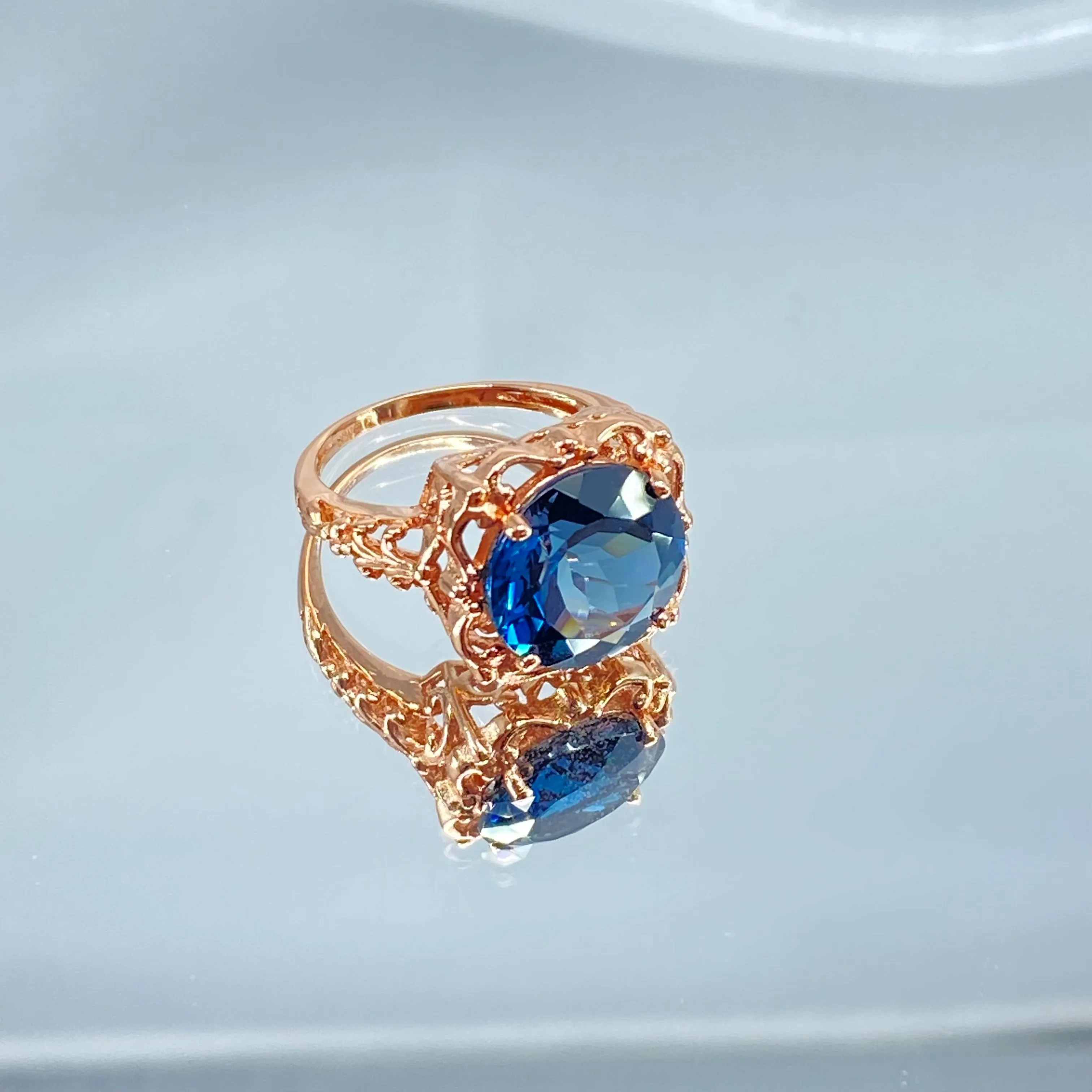 Natural London Blue Topaz Ring, Size 6.5, Rose Gold plated Victorian Filigree #D103 - Ready to Ship