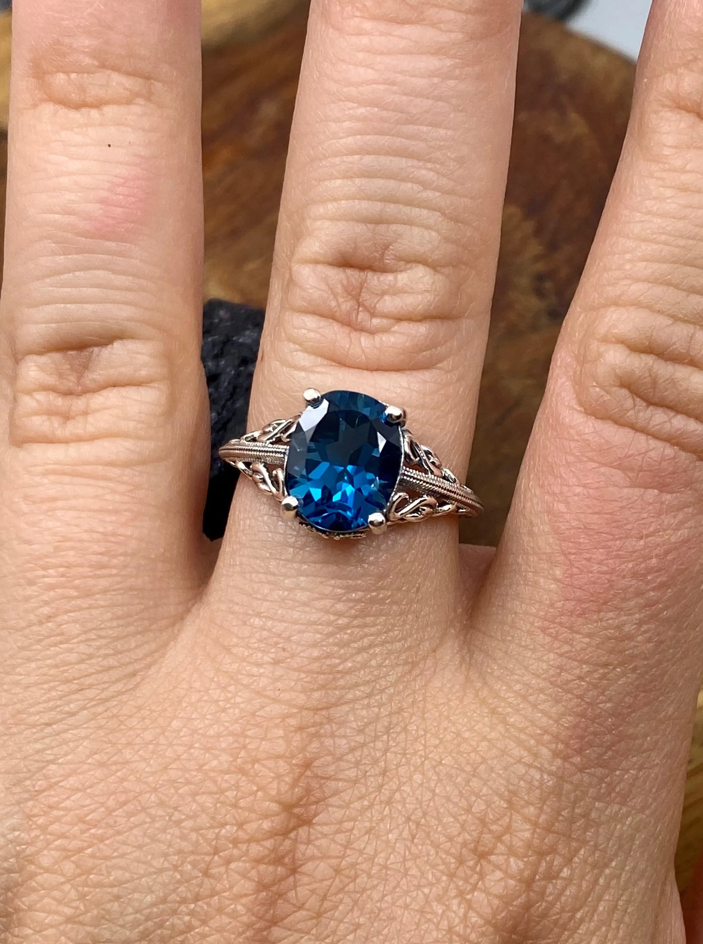 Natural London Blue Topaz Ring, Swan Filigree, Sterling Silver Art Deco Jewelry #D190