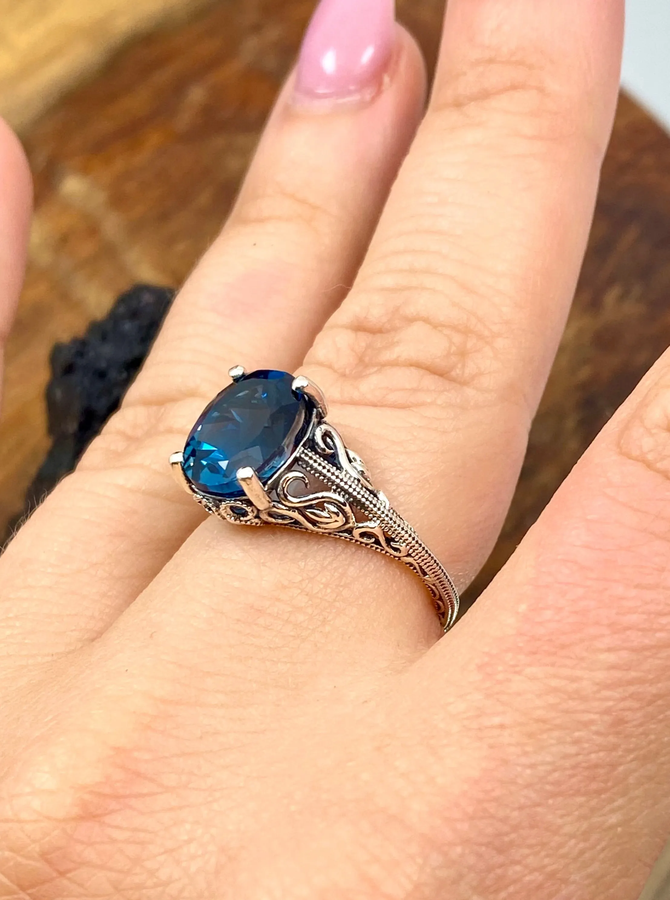 Natural London Blue Topaz Ring, Swan Filigree, Sterling Silver Art Deco Jewelry #D190