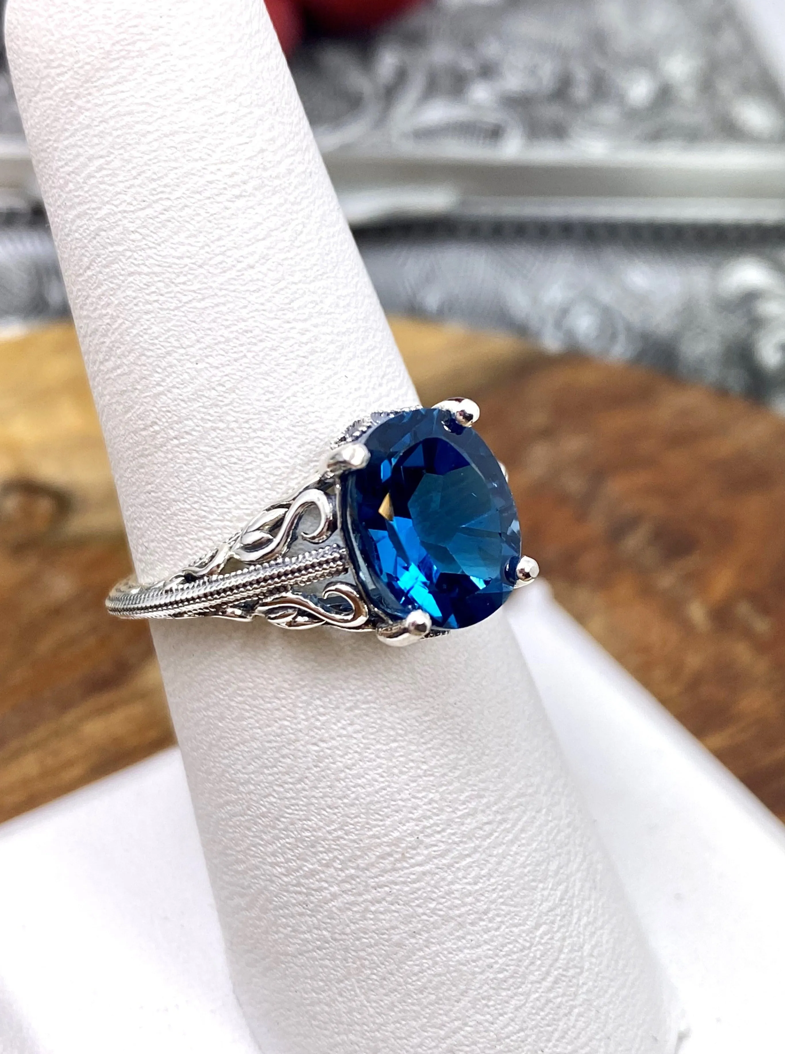 Natural London Blue Topaz Ring, Swan Filigree, Sterling Silver Art Deco Jewelry #D190