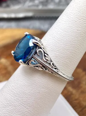 Natural London Blue Topaz Ring, Swan Filigree, Sterling Silver Art Deco Jewelry #D190