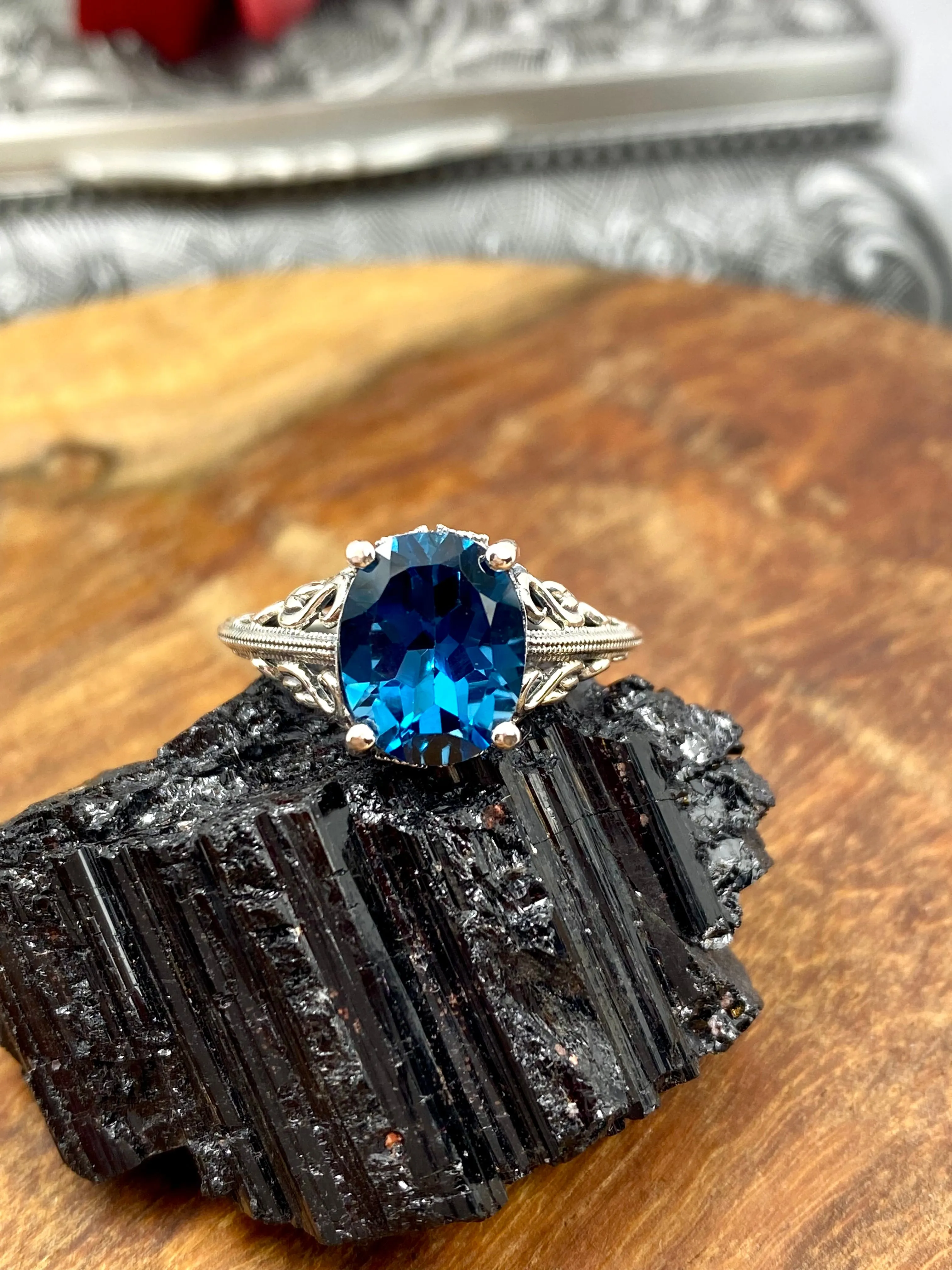 Natural London Blue Topaz Ring, Swan Filigree, Sterling Silver Art Deco Jewelry #D190
