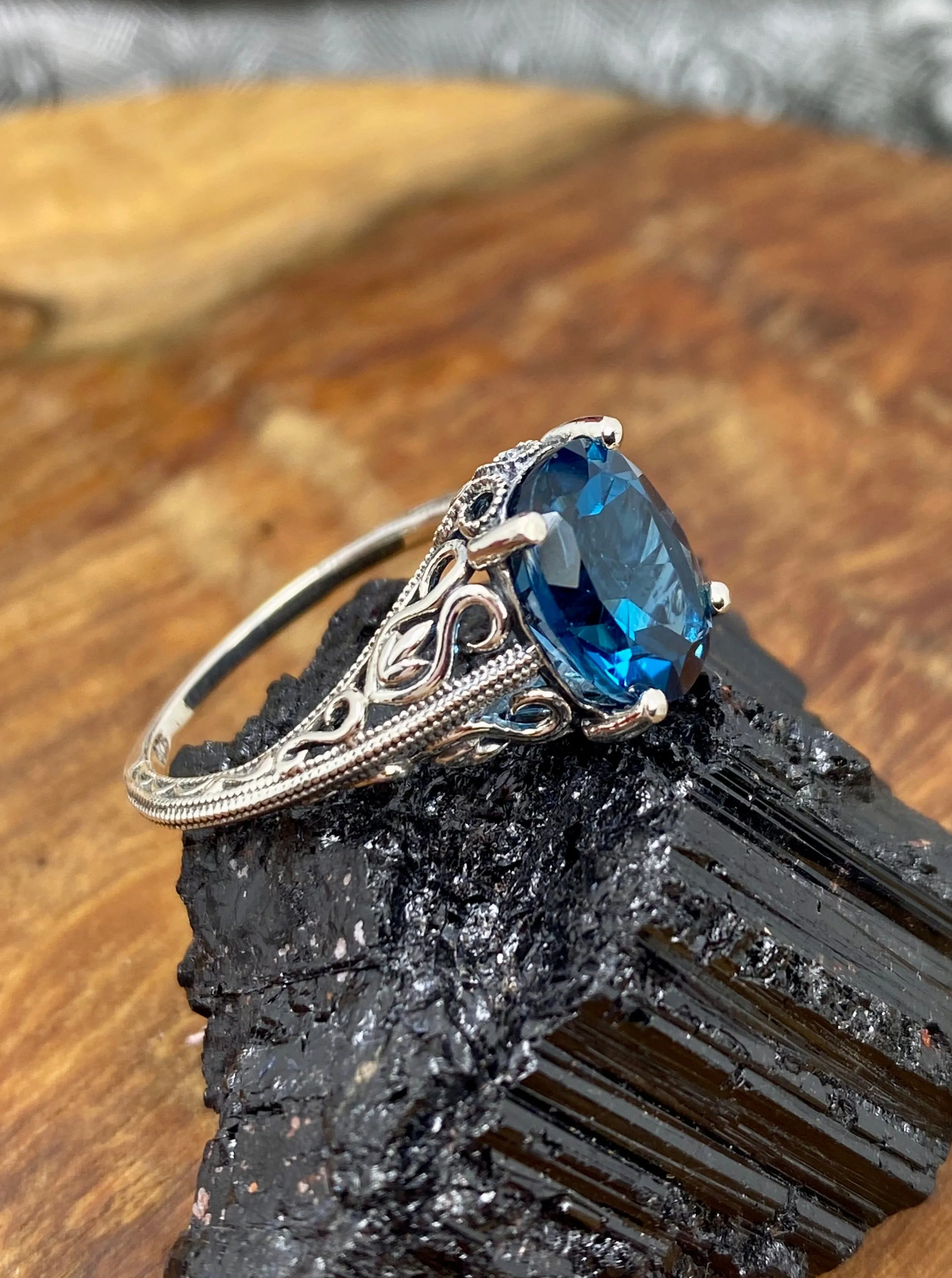Natural London Blue Topaz Ring, Swan Filigree, Sterling Silver Art Deco Jewelry #D190
