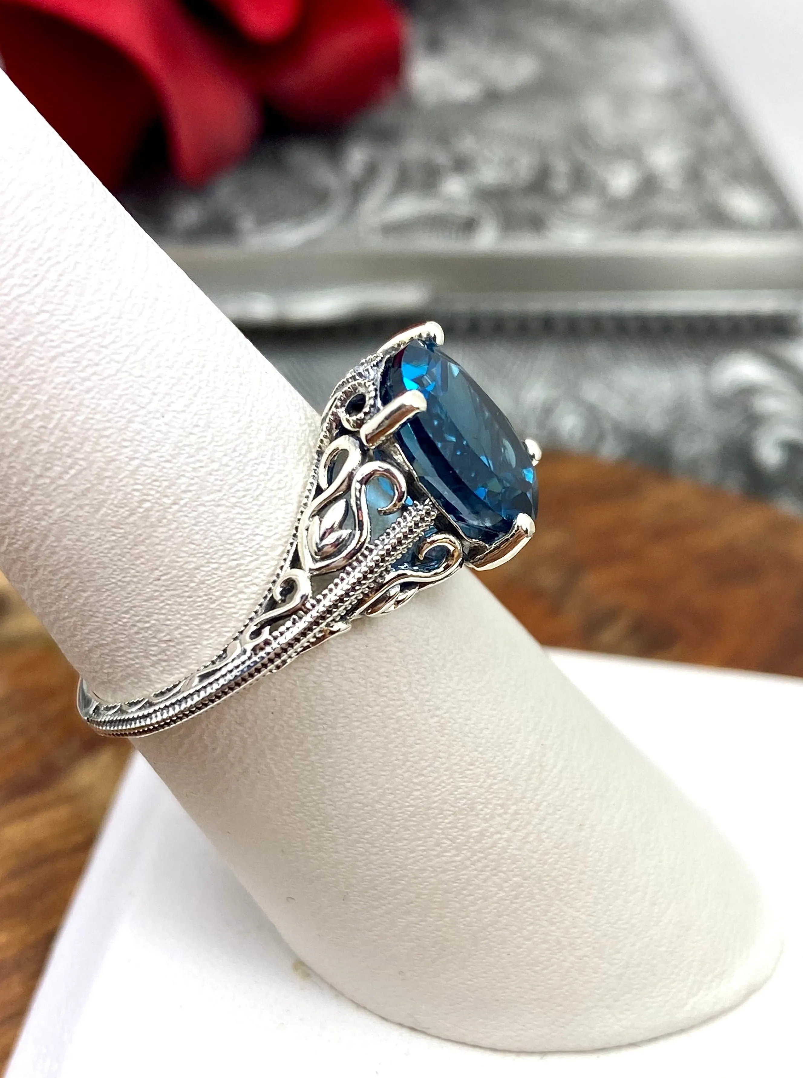 Natural London Blue Topaz Ring, Swan Filigree, Sterling Silver Art Deco Jewelry #D190