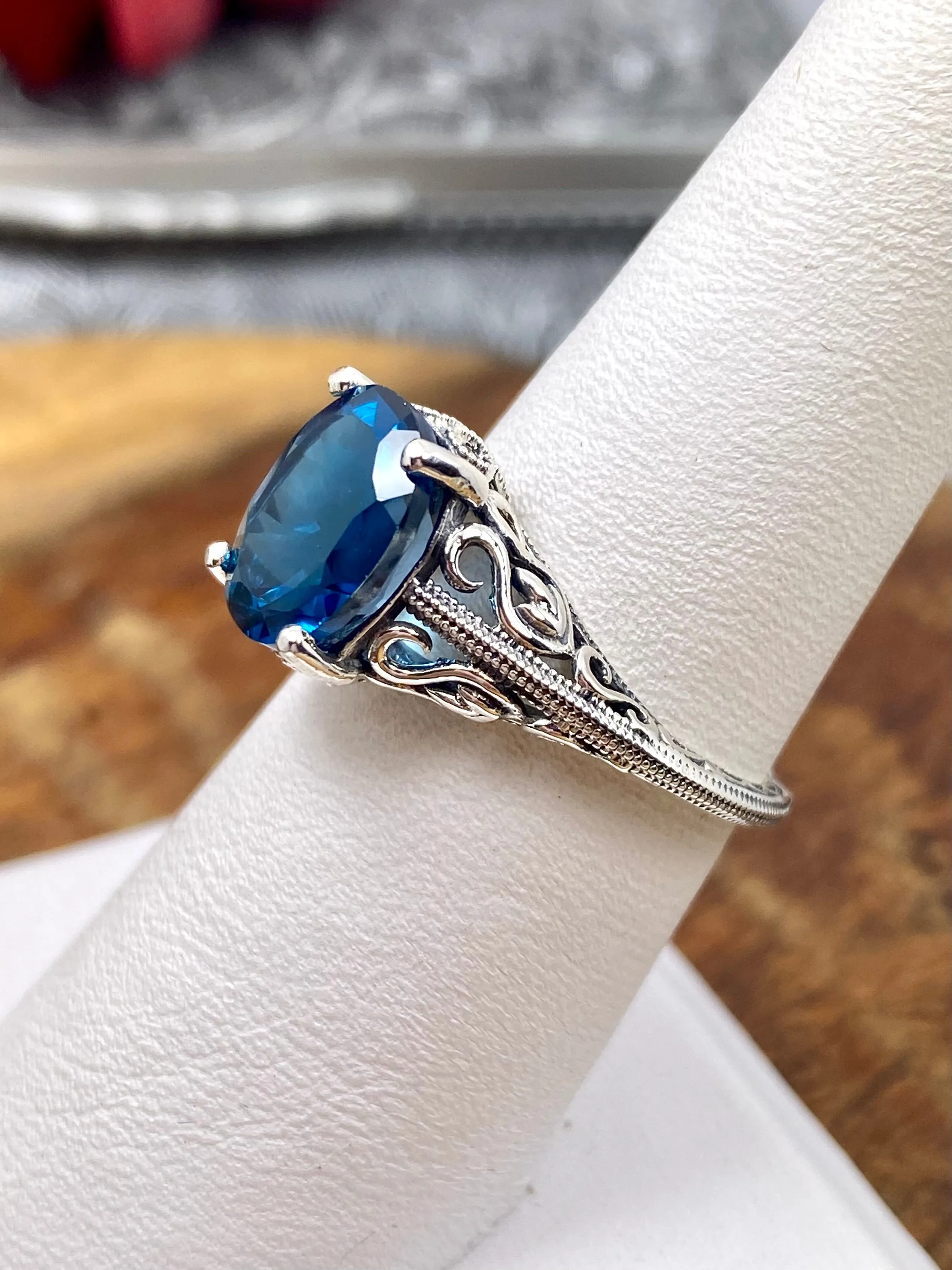 Natural London Blue Topaz Ring, Swan Filigree, Sterling Silver Art Deco Jewelry #D190