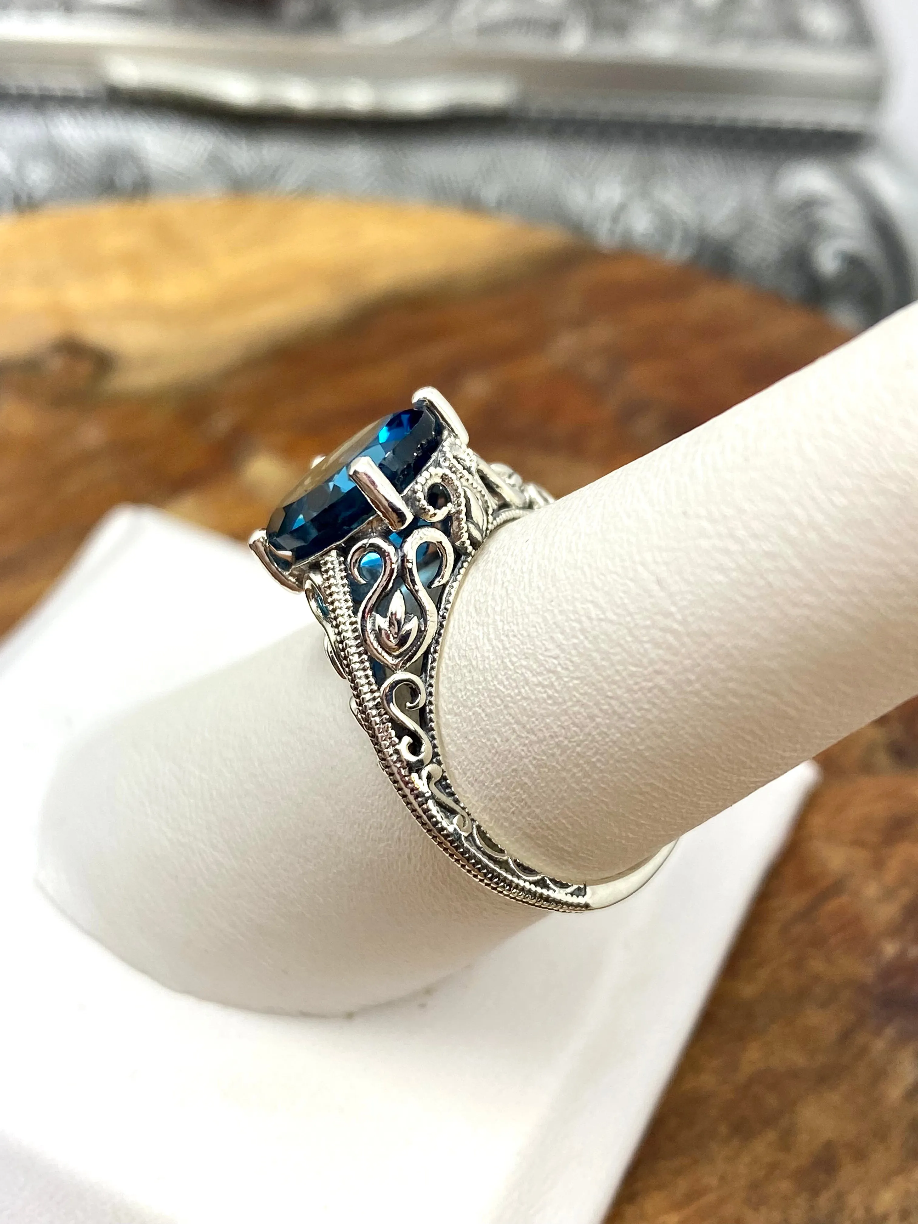 Natural London Blue Topaz Ring, Swan Filigree, Sterling Silver Art Deco Jewelry #D190