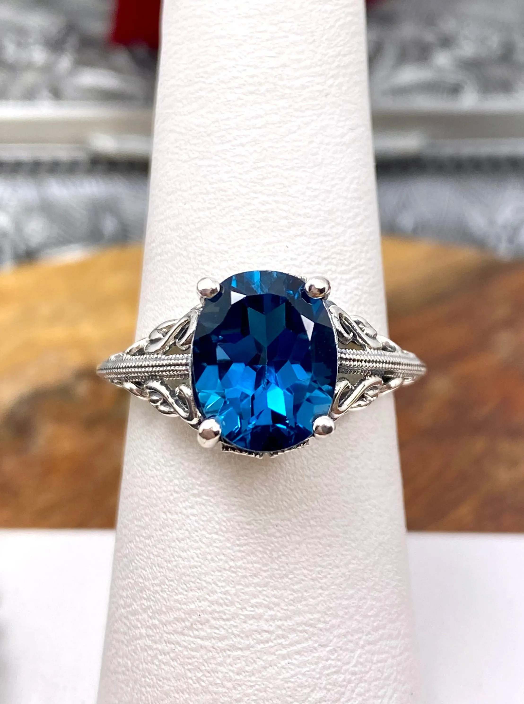 Natural London Blue Topaz Ring, Swan Filigree, Sterling Silver Art Deco Jewelry #D190