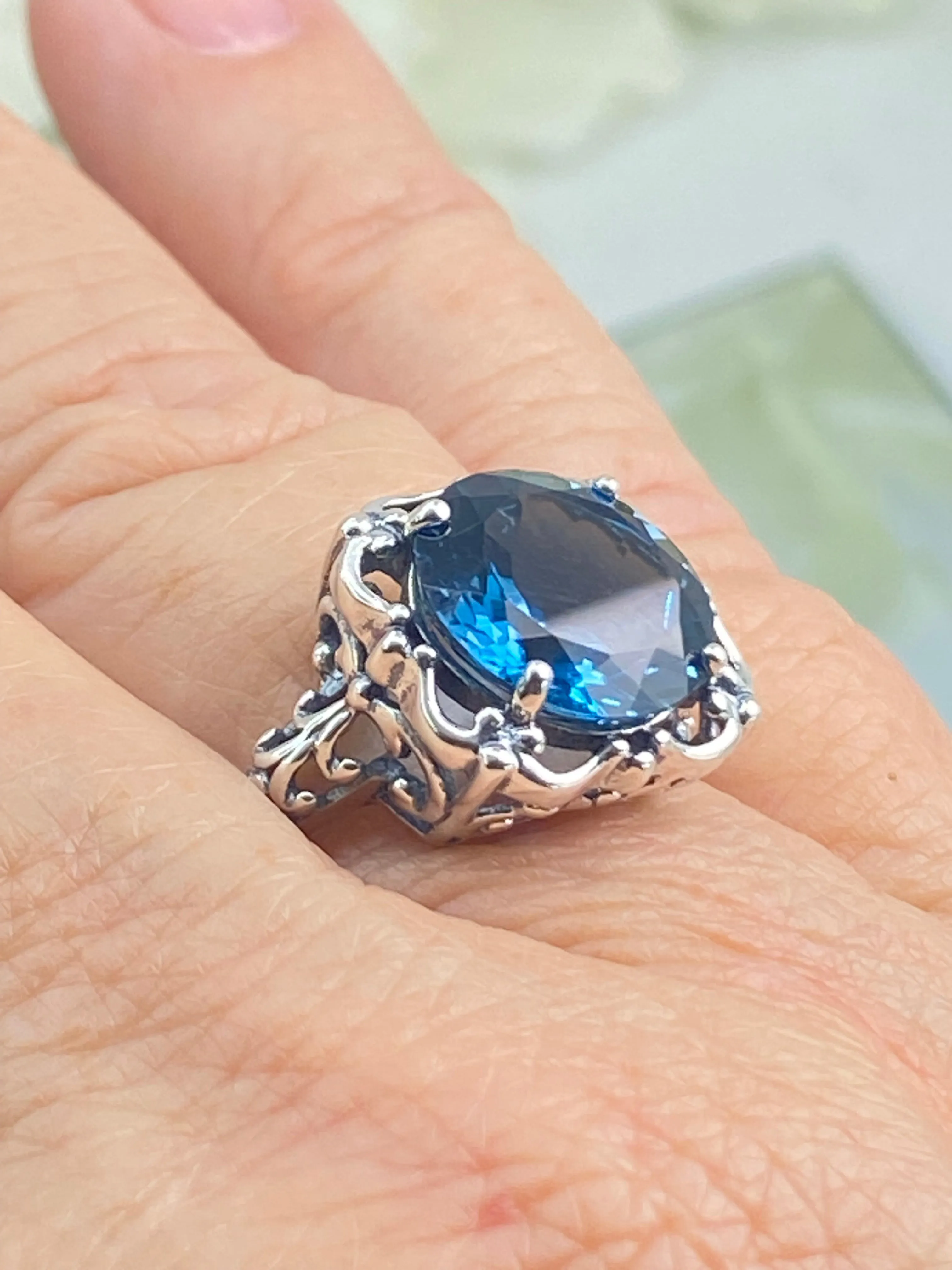 Natural London Blue Topaz Victorian Ring, Size 9, Speechless #D103 - Ready to Ship