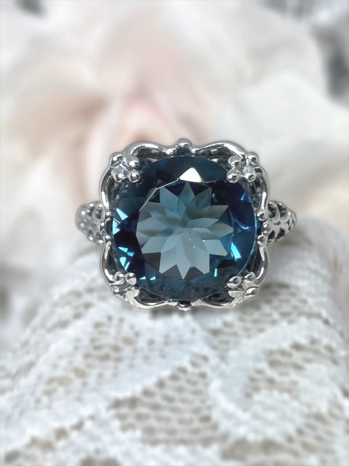 Natural London Blue Topaz Victorian Ring, Size 9, Speechless #D103 - Ready to Ship