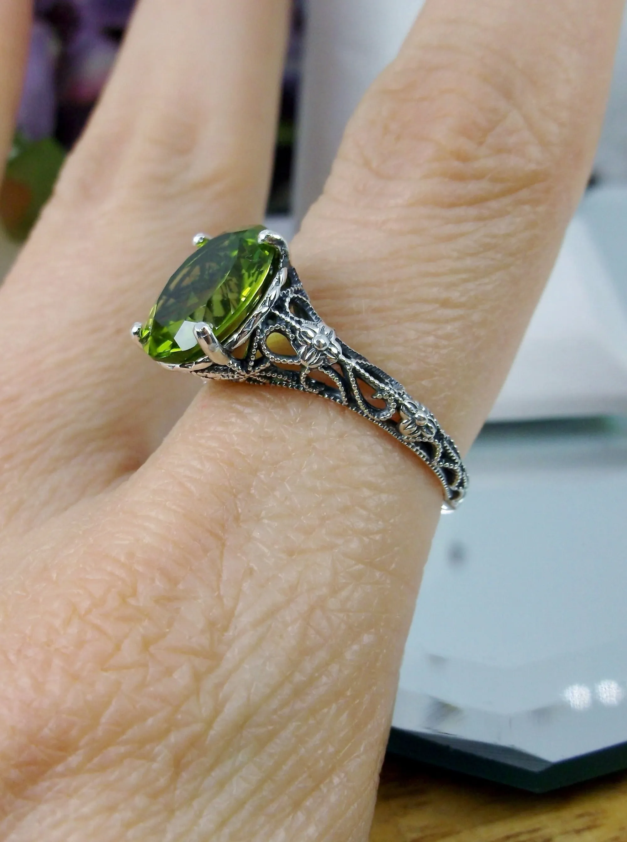 Natural Peridot Ring, Medieval Floral Filigree, Oval Gem, Vintage Jewelry, D173