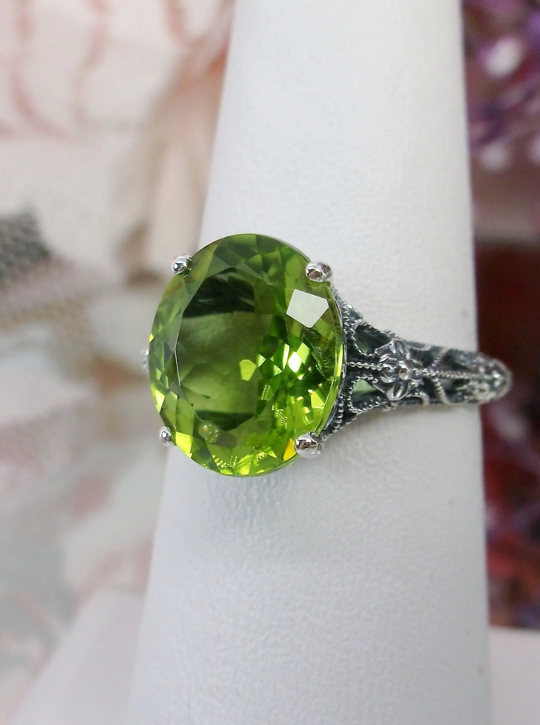 Natural Peridot Ring, Medieval Floral Filigree, Oval Gem, Vintage Jewelry, D173
