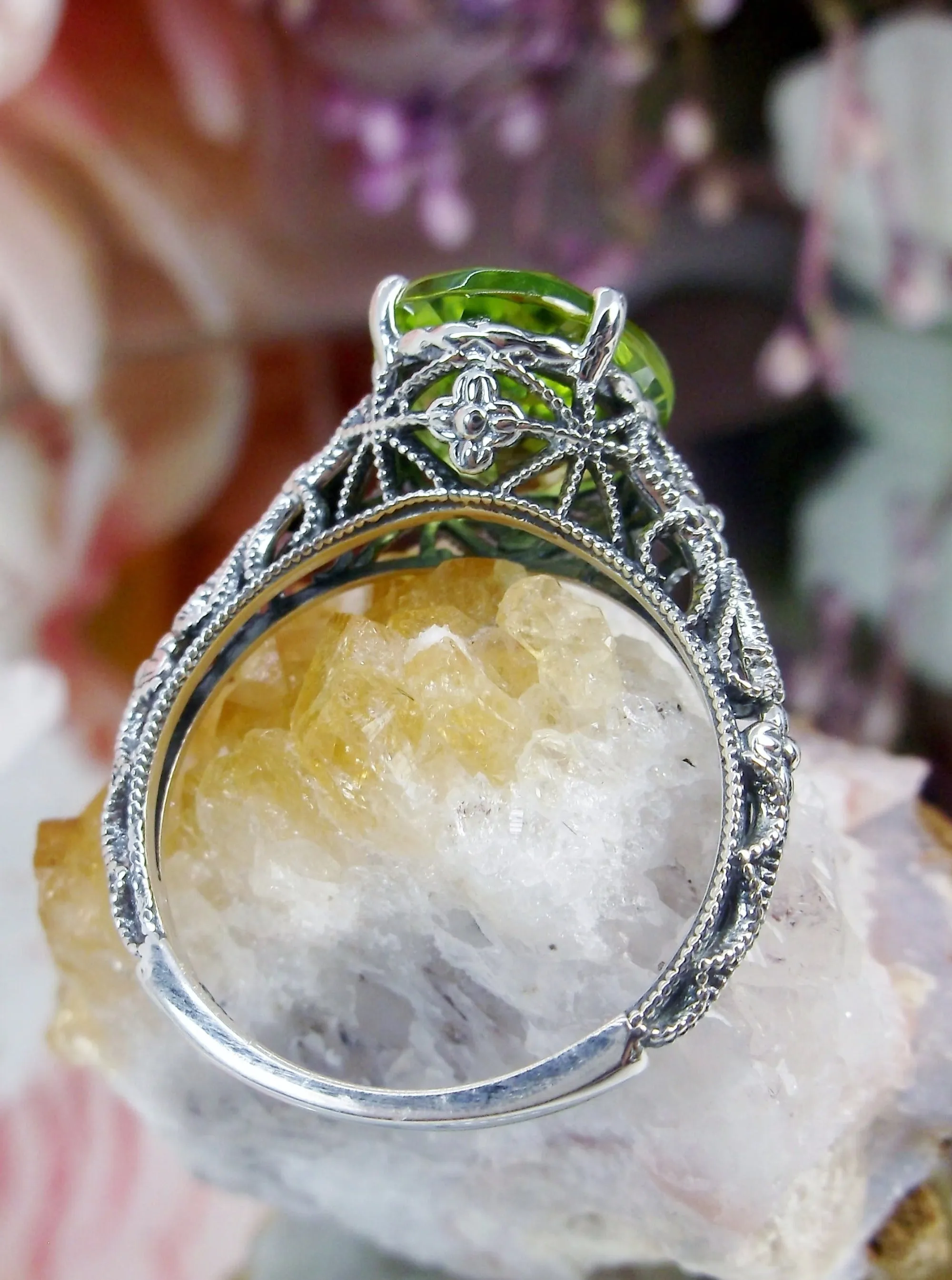 Natural Peridot Ring, Medieval Floral Filigree, Oval Gem, Vintage Jewelry, D173