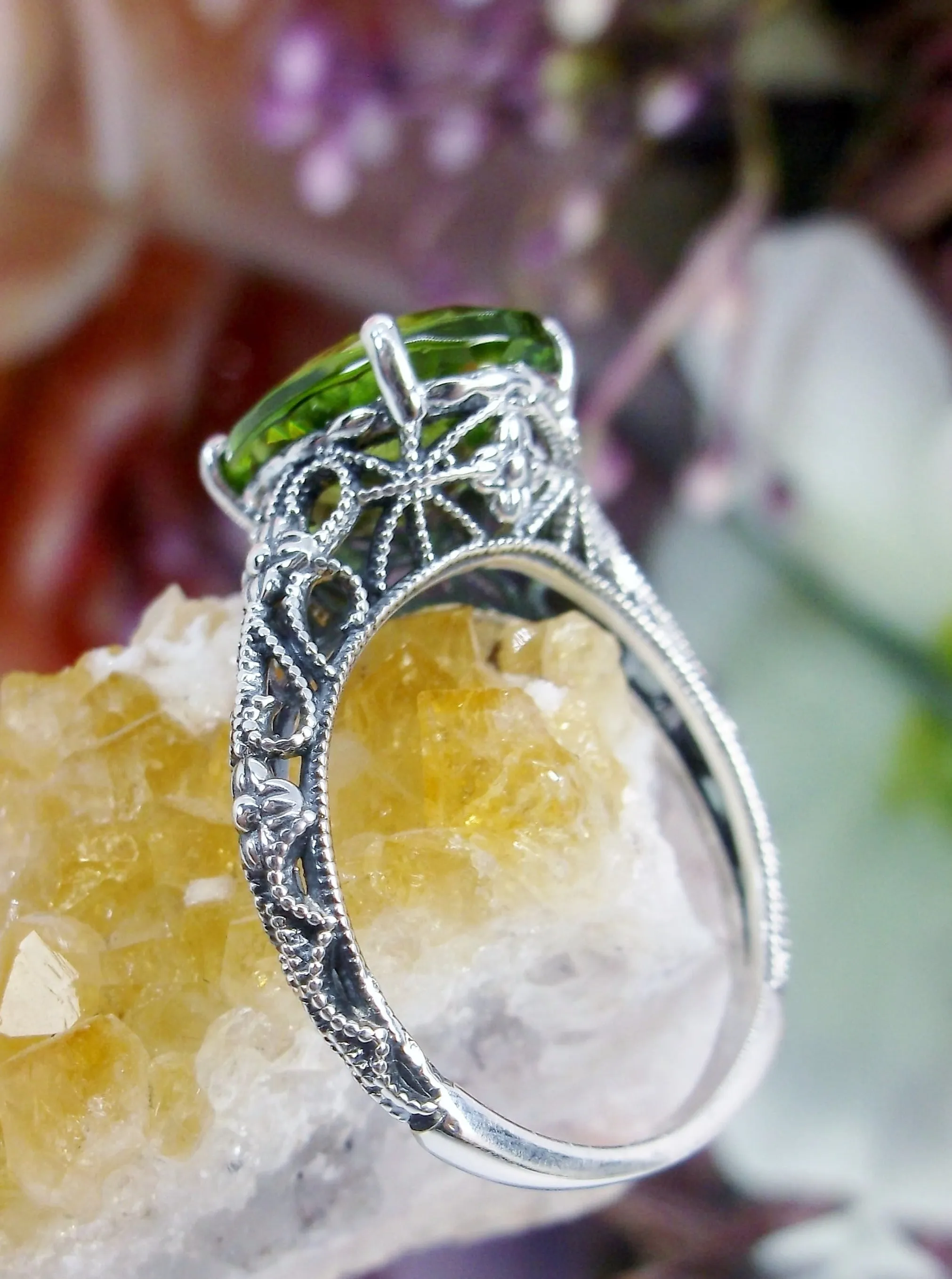 Natural Peridot Ring, Medieval Floral Filigree, Oval Gem, Vintage Jewelry, D173