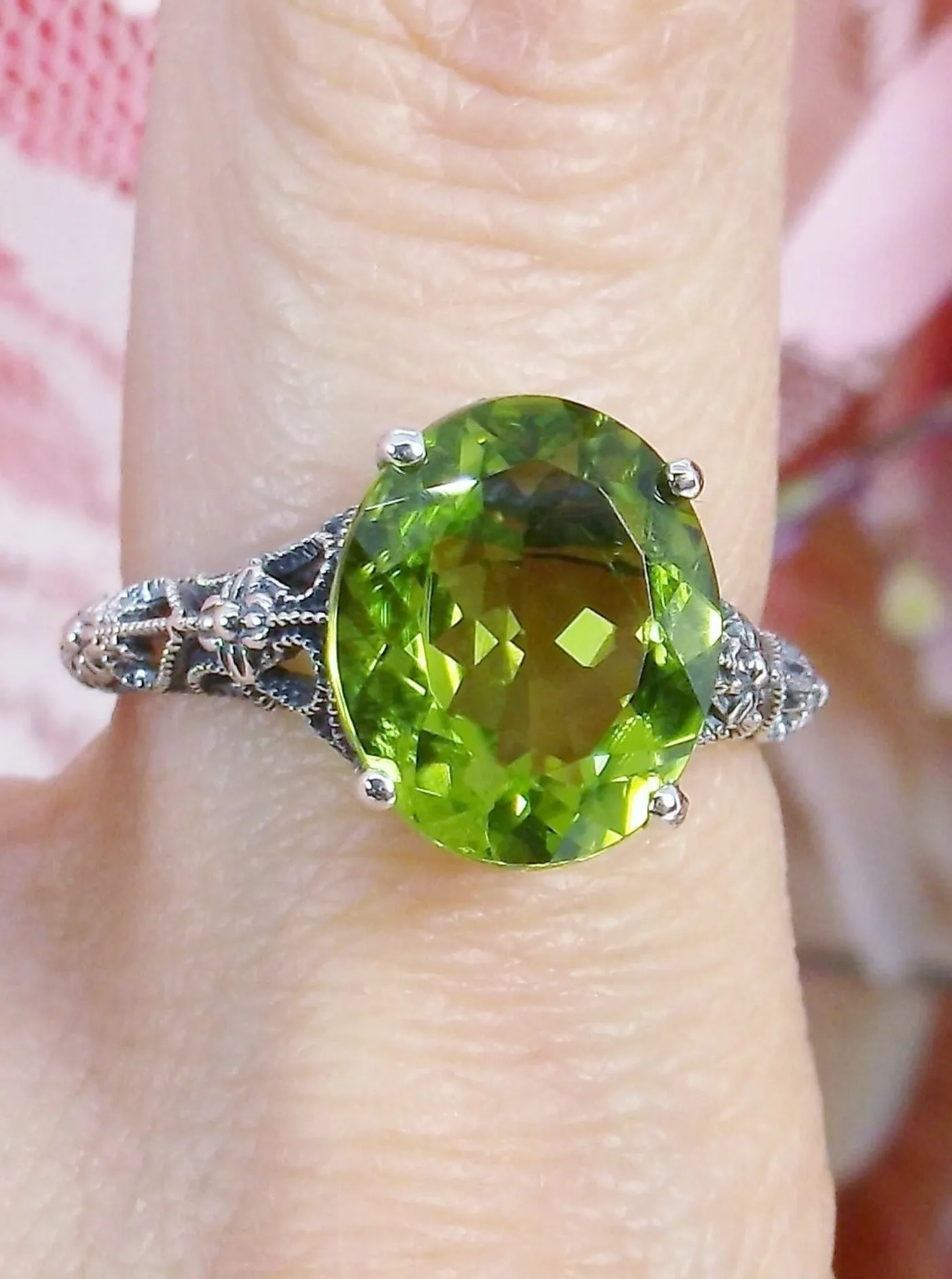 Natural Peridot Ring, Medieval Floral Filigree, Oval Gem, Vintage Jewelry, D173