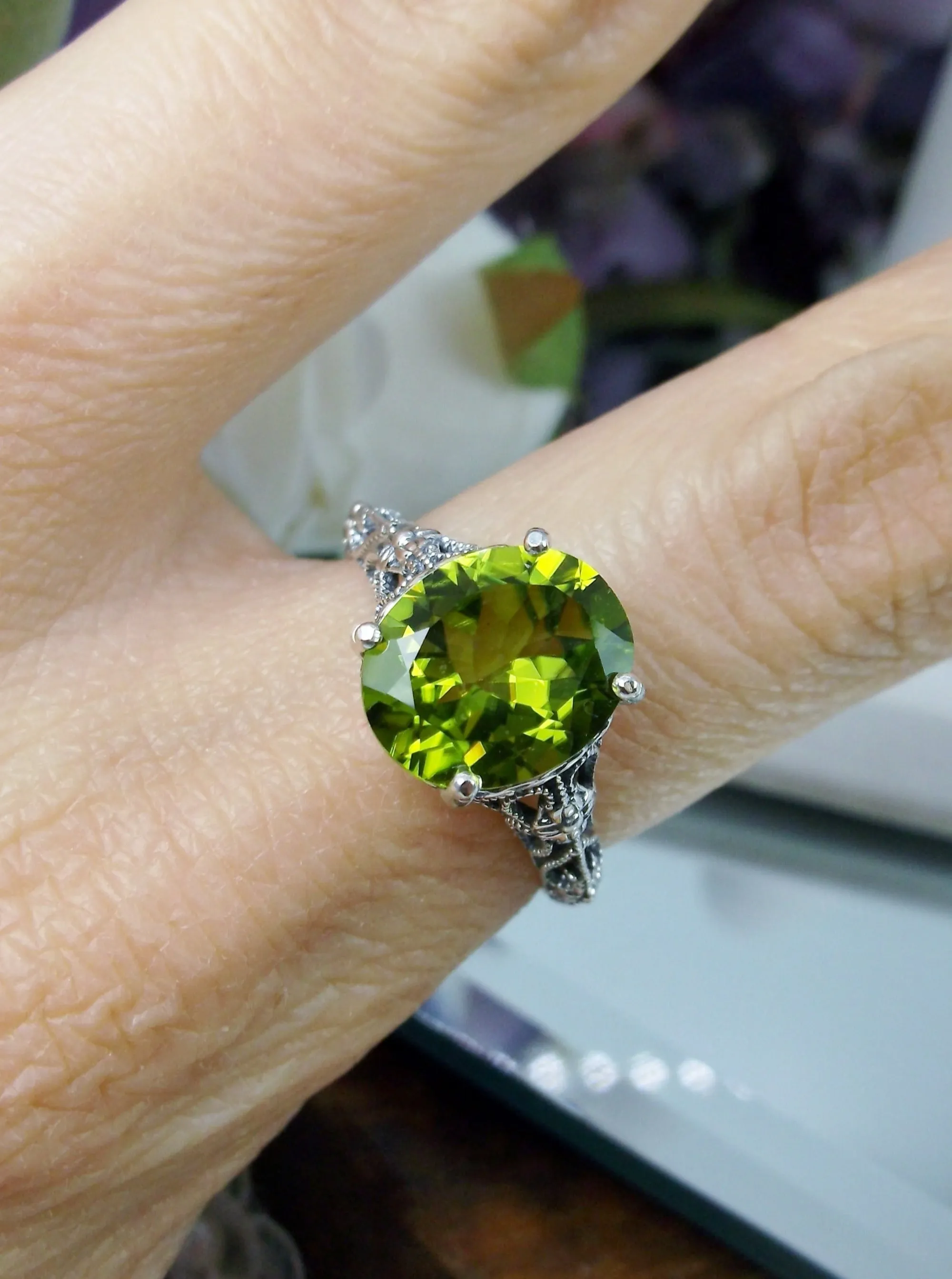 Natural Peridot Ring, Medieval Floral Filigree, Oval Gem, Vintage Jewelry, D173