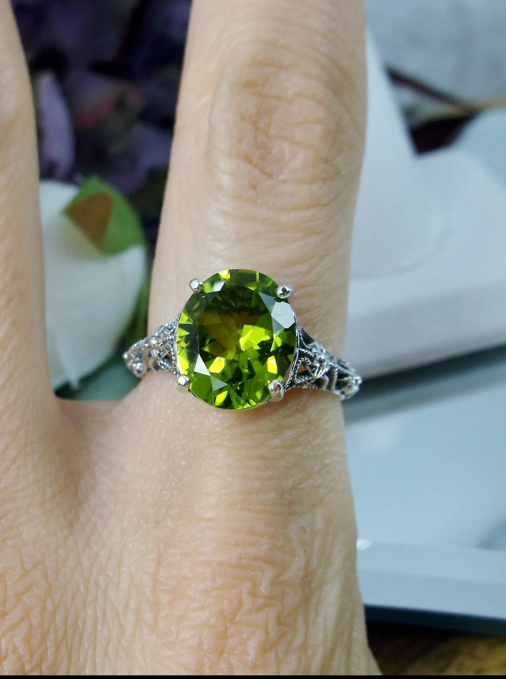 Natural Peridot Ring, Medieval Floral Filigree, Oval Gem, Vintage Jewelry, D173