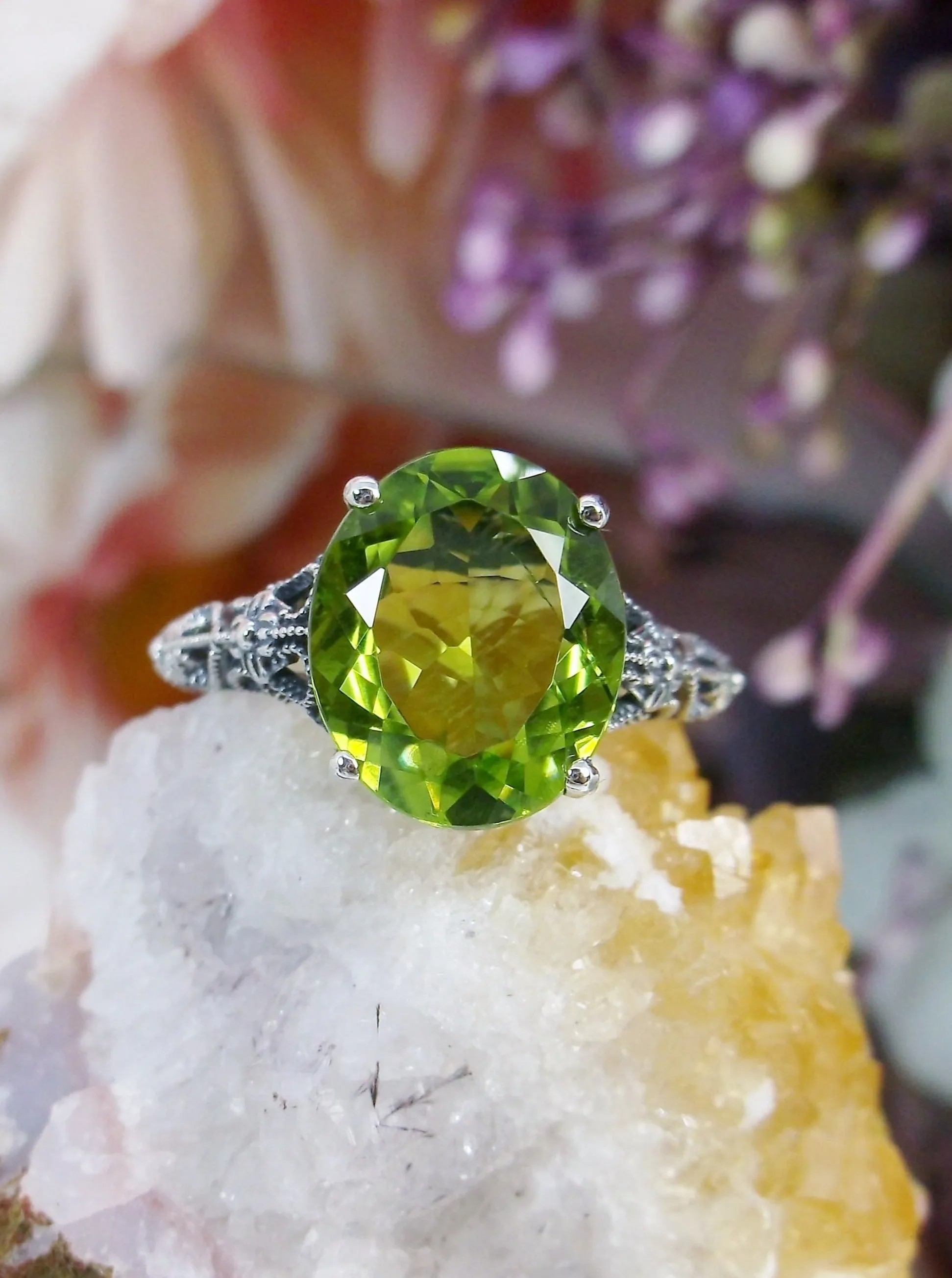 Natural Peridot Ring, Medieval Floral Filigree, Oval Gem, Vintage Jewelry, D173