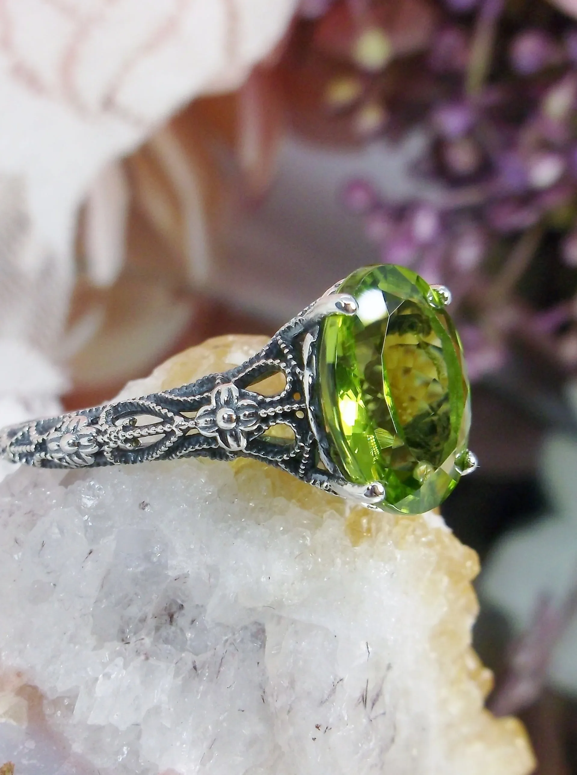 Natural Peridot Ring, Medieval Floral Filigree, Oval Gem, Vintage Jewelry, D173