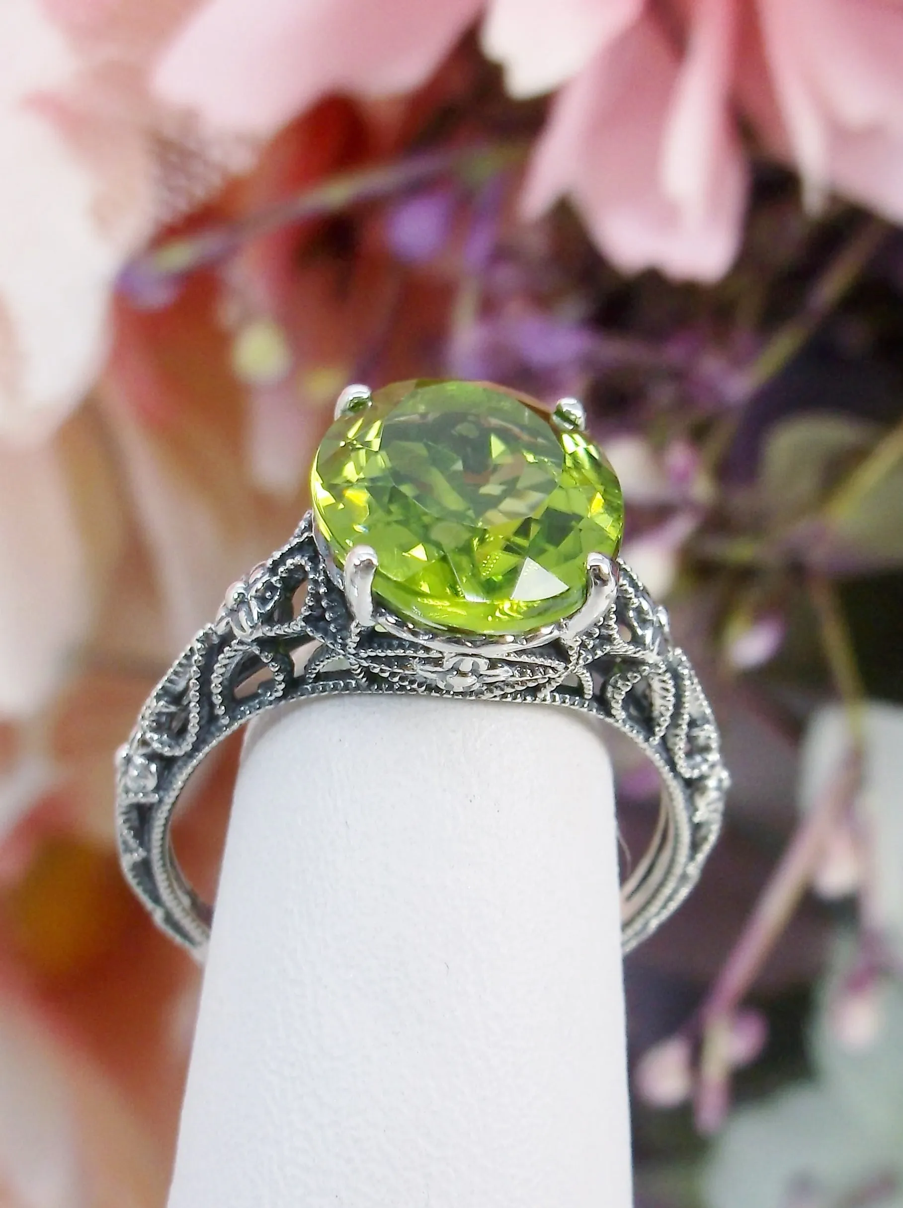 Natural Peridot Ring, Medieval Floral Filigree, Oval Gem, Vintage Jewelry, D173