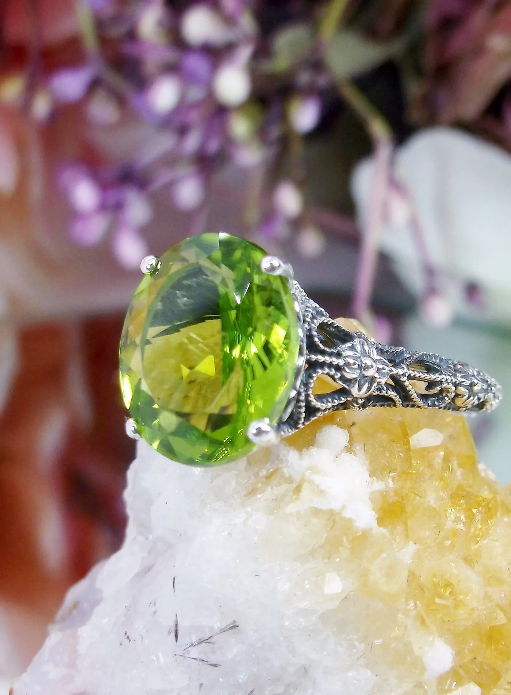 Natural Peridot Ring, Medieval Floral Filigree, Oval Gem, Vintage Jewelry, D173