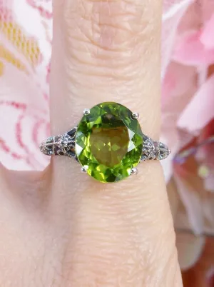 Natural Peridot Ring, Medieval Floral Filigree, Oval Gem, Vintage Jewelry, D173