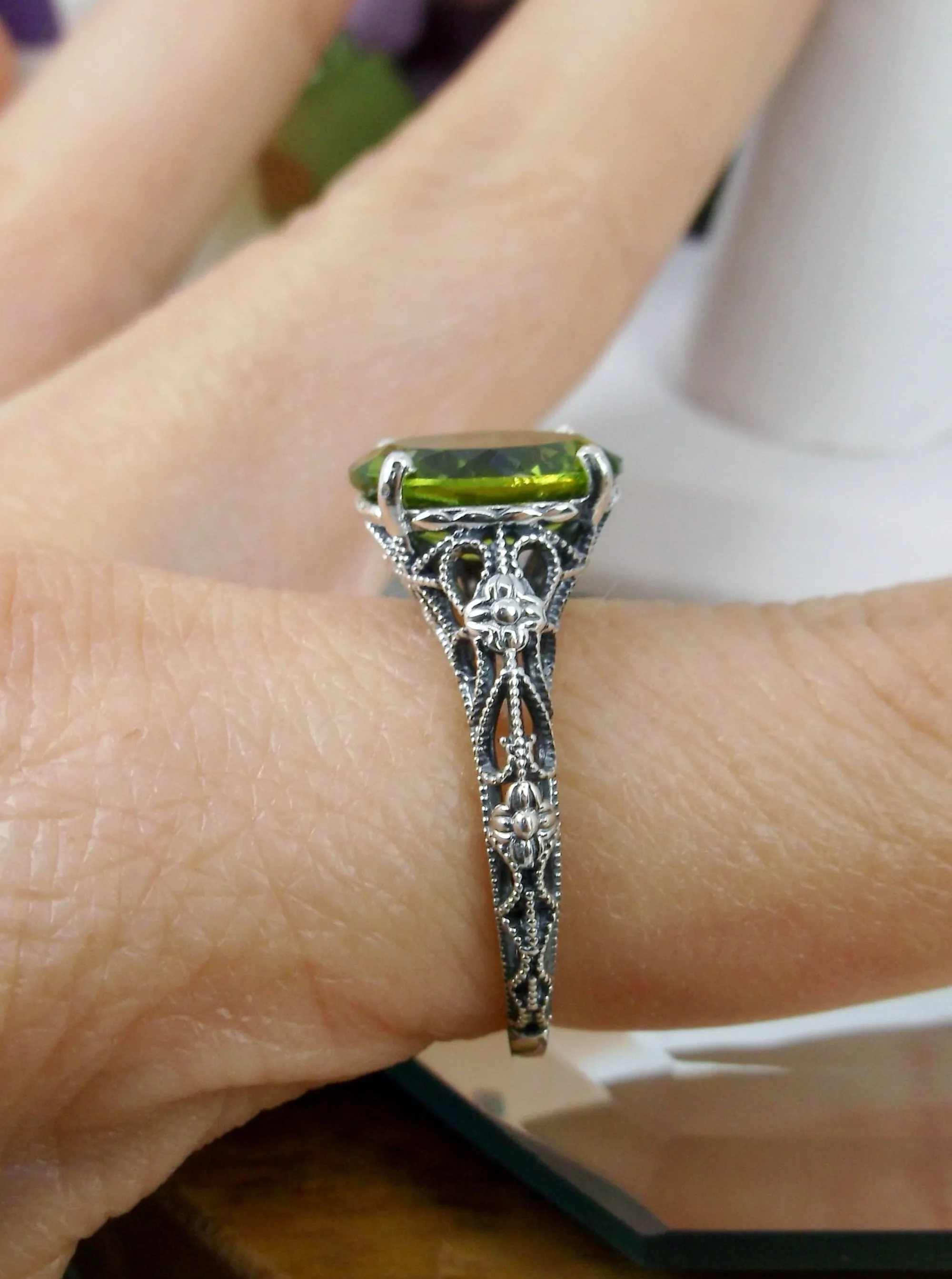 Natural Peridot Ring, Medieval Floral Filigree, Oval Gem, Vintage Jewelry, D173