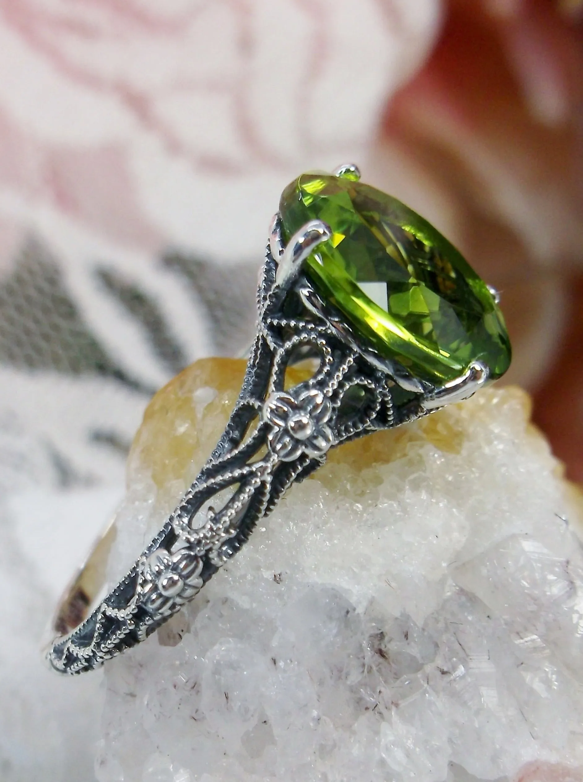 Natural Peridot Ring, Medieval Floral Filigree, Oval Gem, Vintage Jewelry, D173