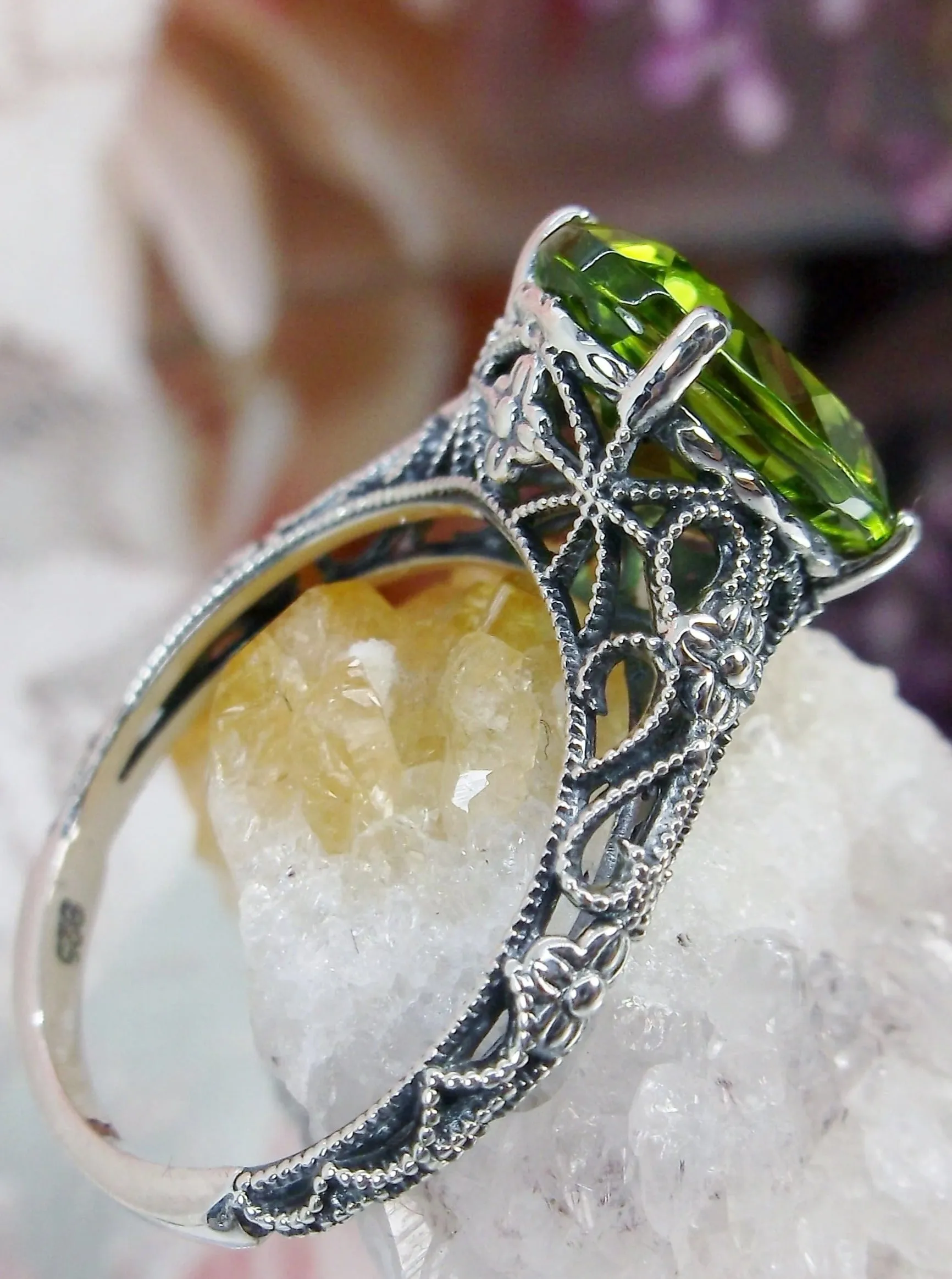 Natural Peridot Ring, Medieval Floral Filigree, Oval Gem, Vintage Jewelry, D173