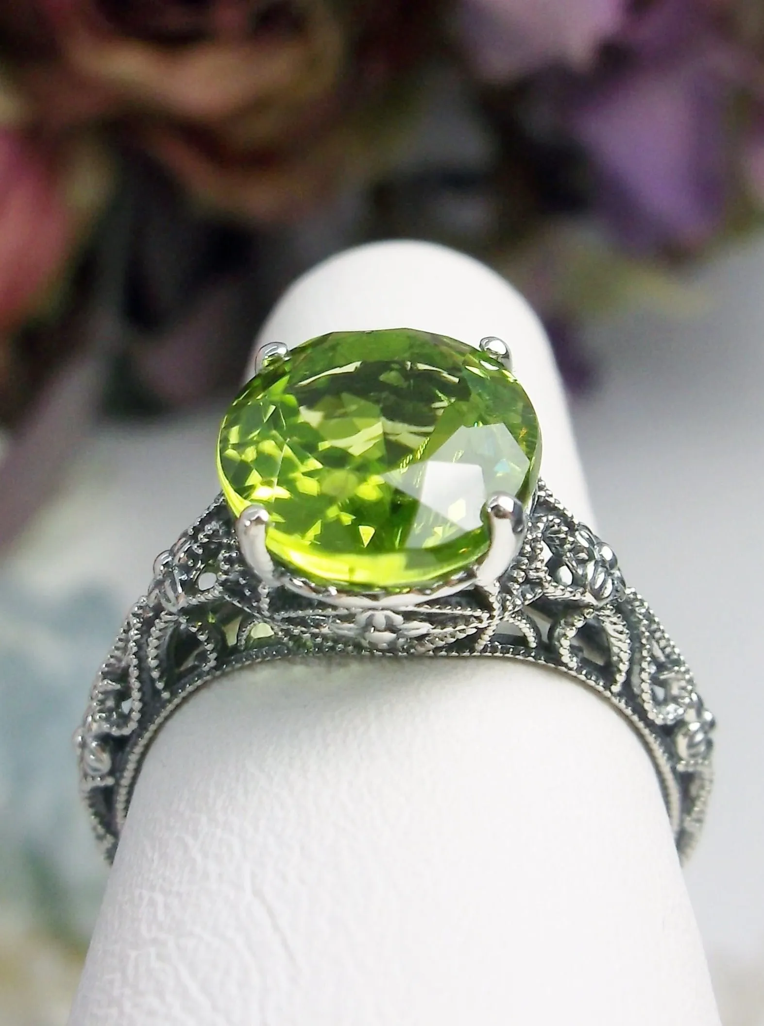 Natural Peridot Ring, Medieval Floral Filigree, Oval Gem, Vintage Jewelry, D173