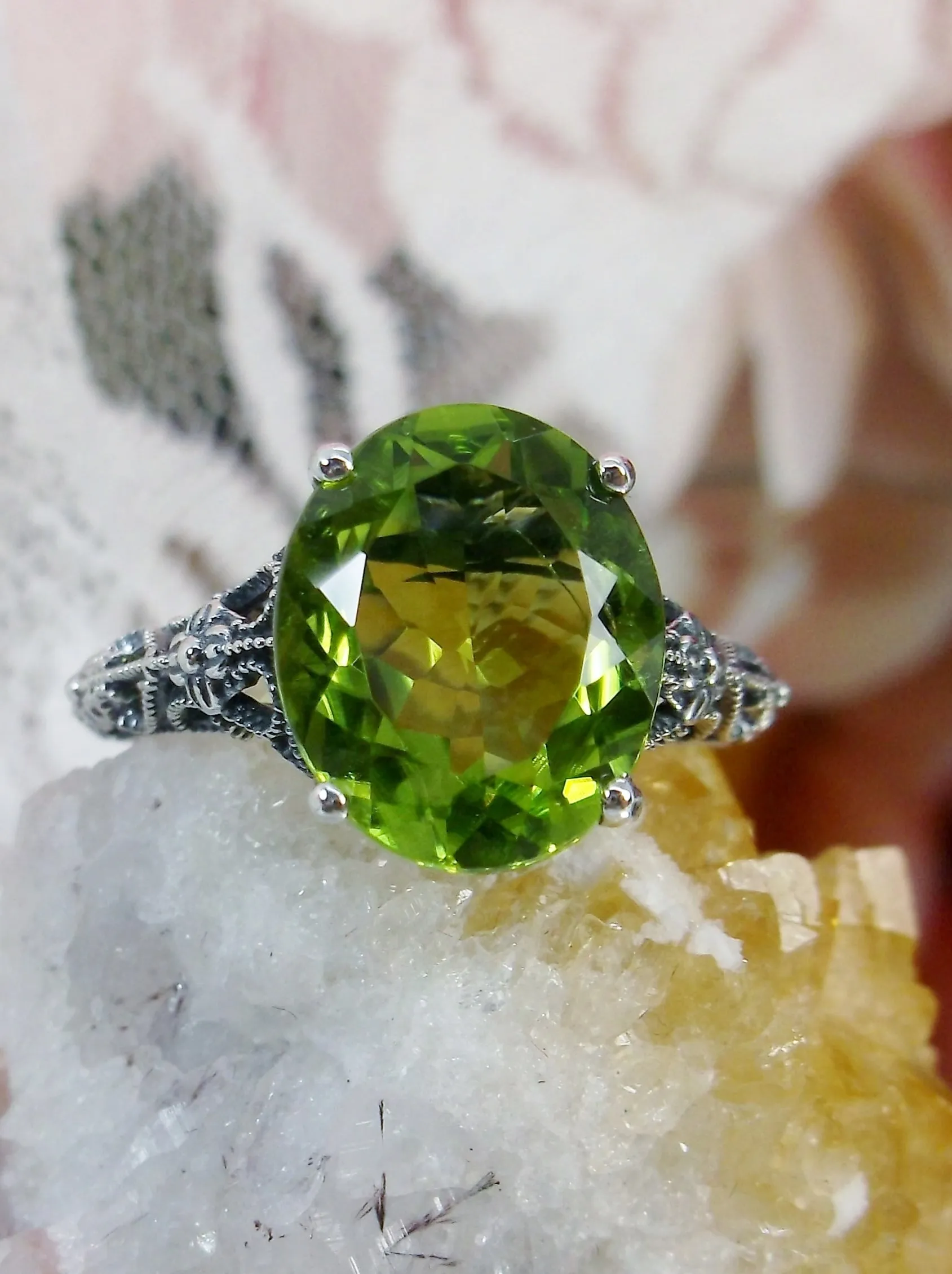 Natural Peridot Ring, Medieval Floral Filigree, Oval Gem, Vintage Jewelry, D173