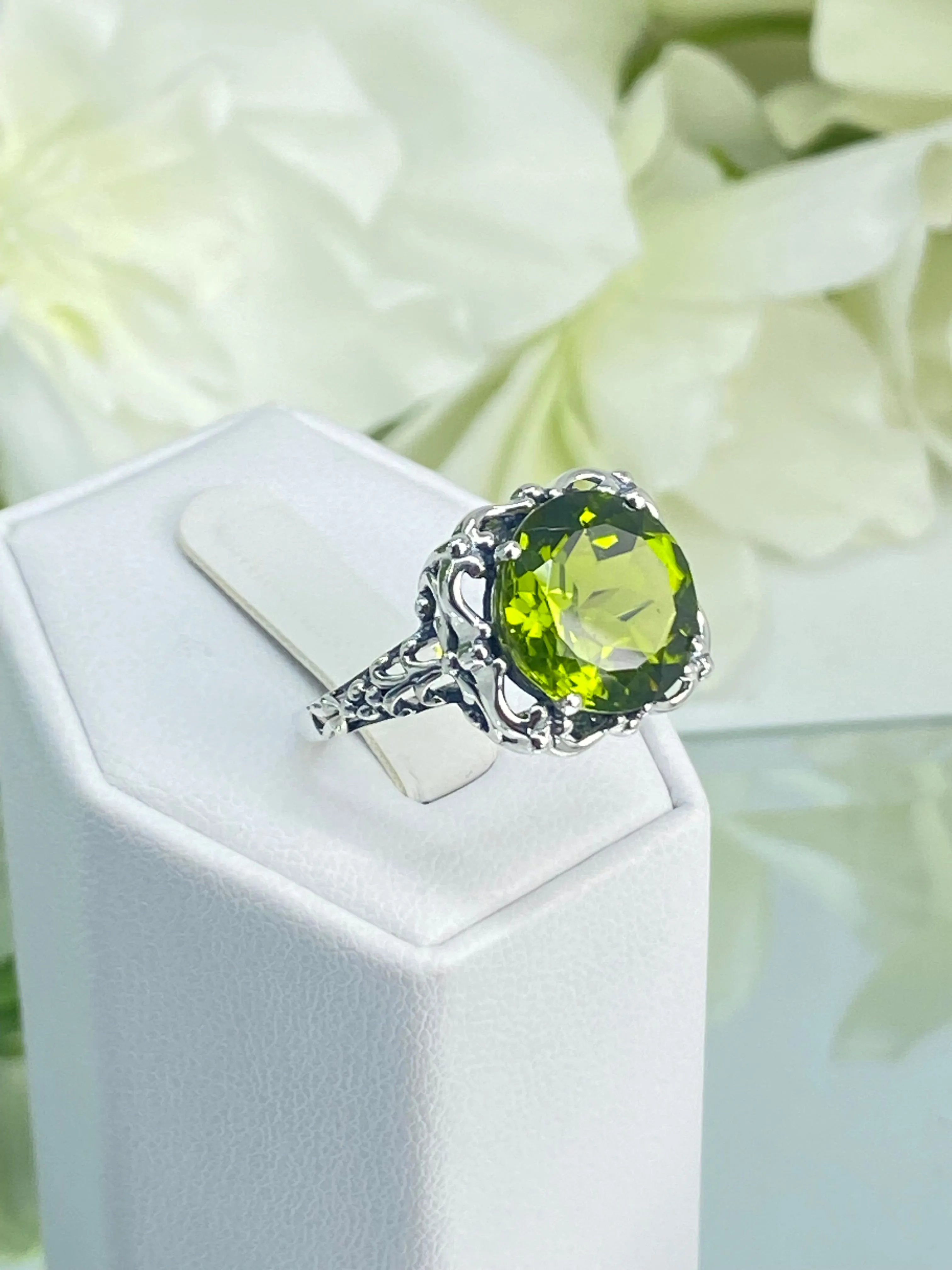 Natural Peridot Ring, Sterling Silver Victorian Jewelry #D103
