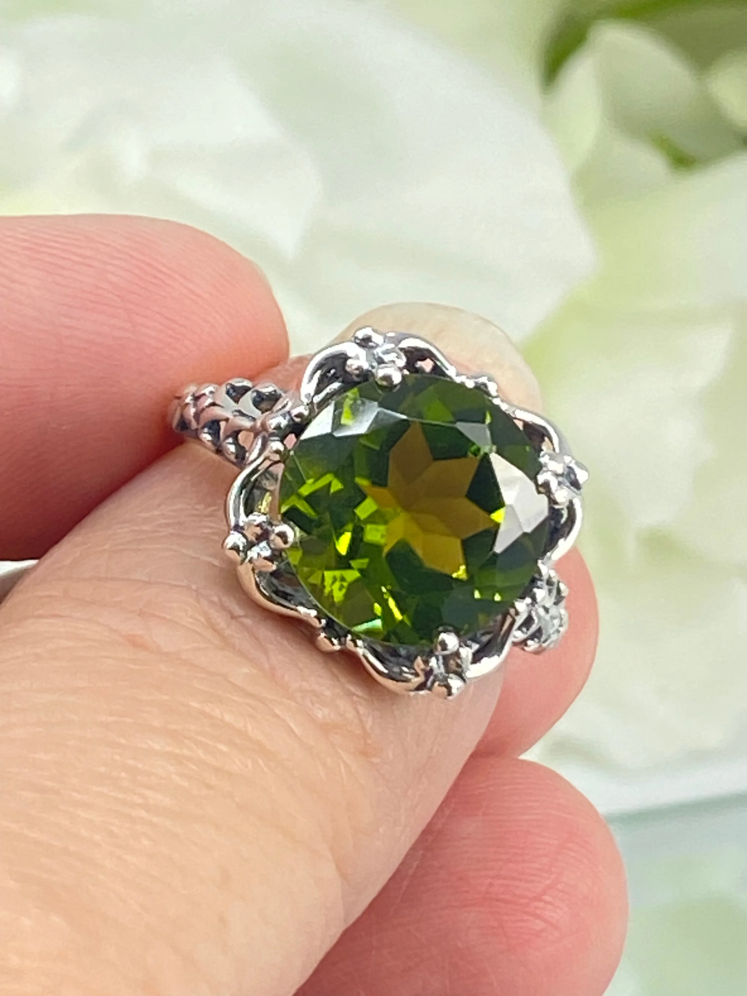Natural Peridot Ring, Sterling Silver Victorian Jewelry #D103