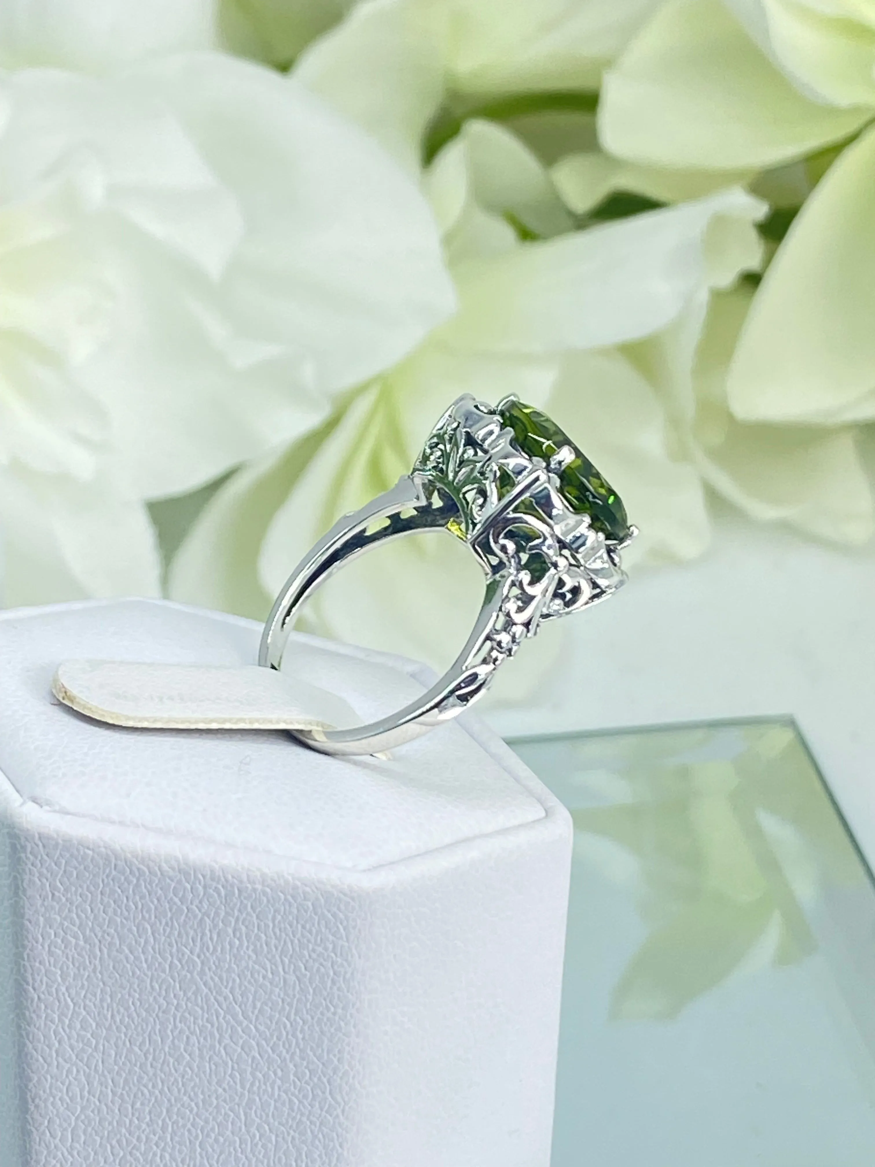 Natural Peridot Ring, Sterling Silver Victorian Jewelry #D103